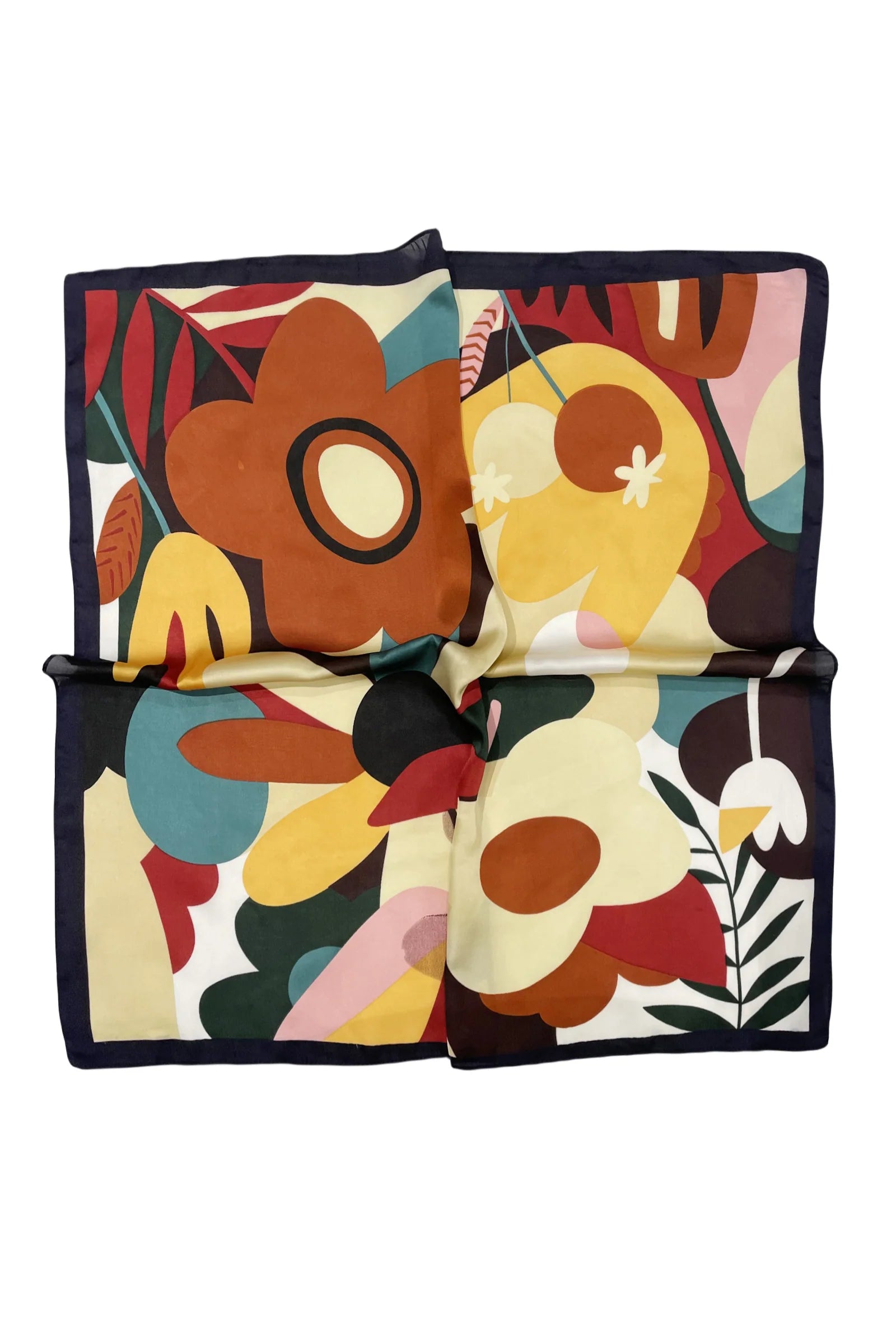 Retro Floral Colour Edge Print Square Scarf - Navy - Oxford Blue