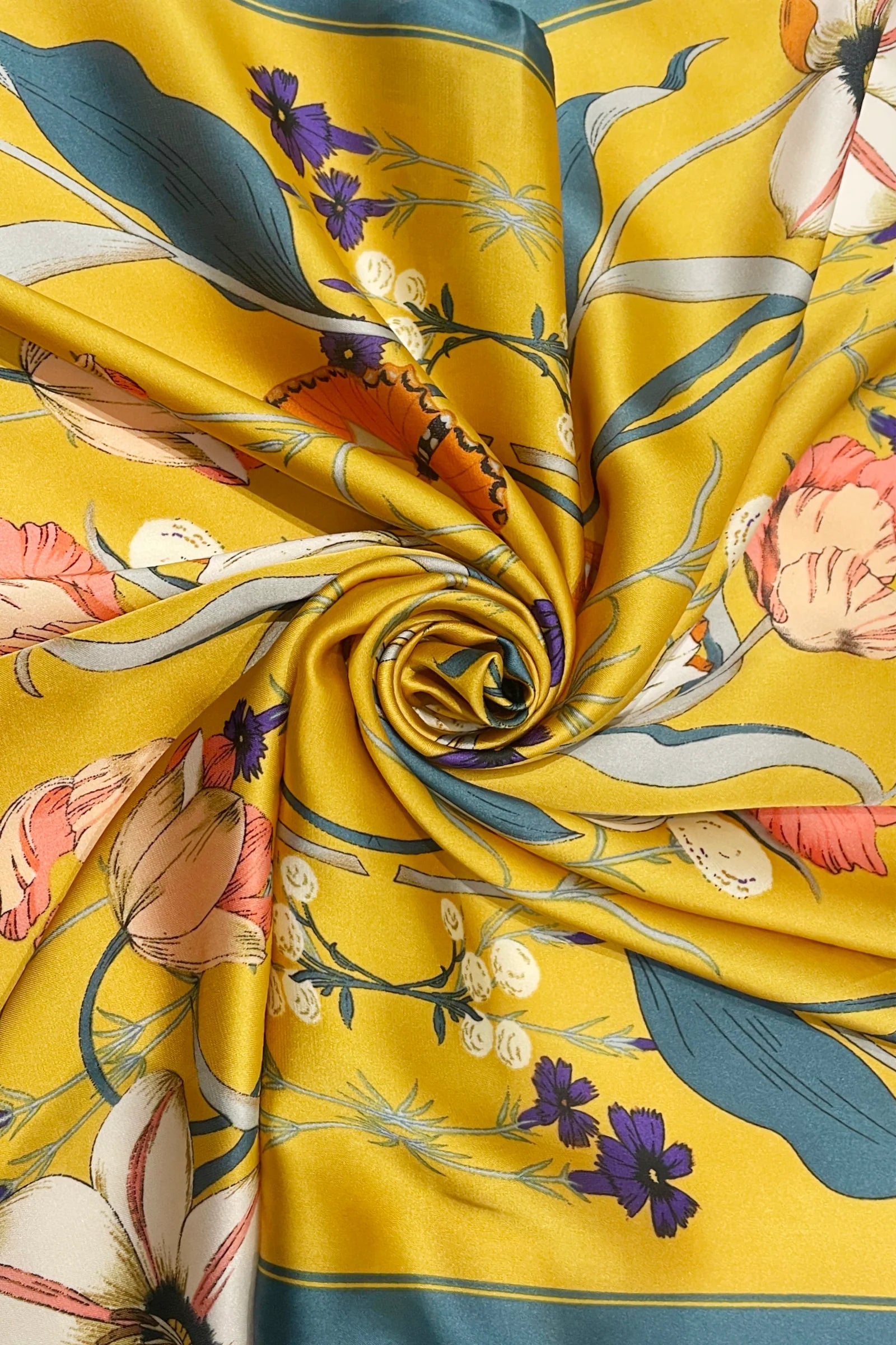 Botanical Butterfly Print Square Scarf - Mustard - Oxford Blue