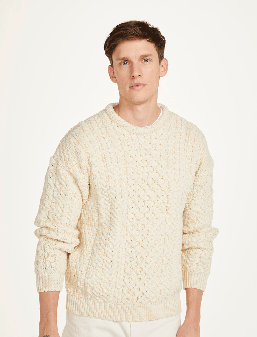 Traditional Unisex Aran Sweater - ECRU - Oxford Blue