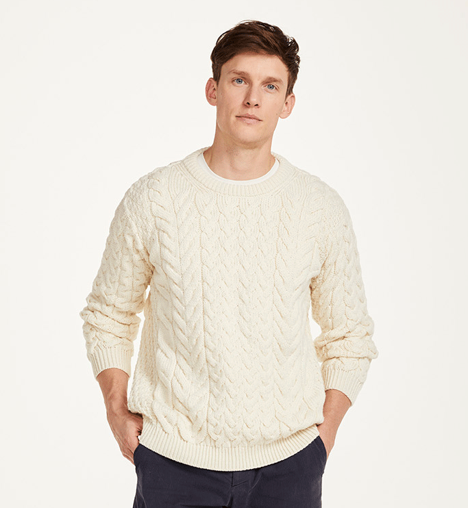 Crew Neck Unisex Aran Sweater - ECRU - Oxford Blue