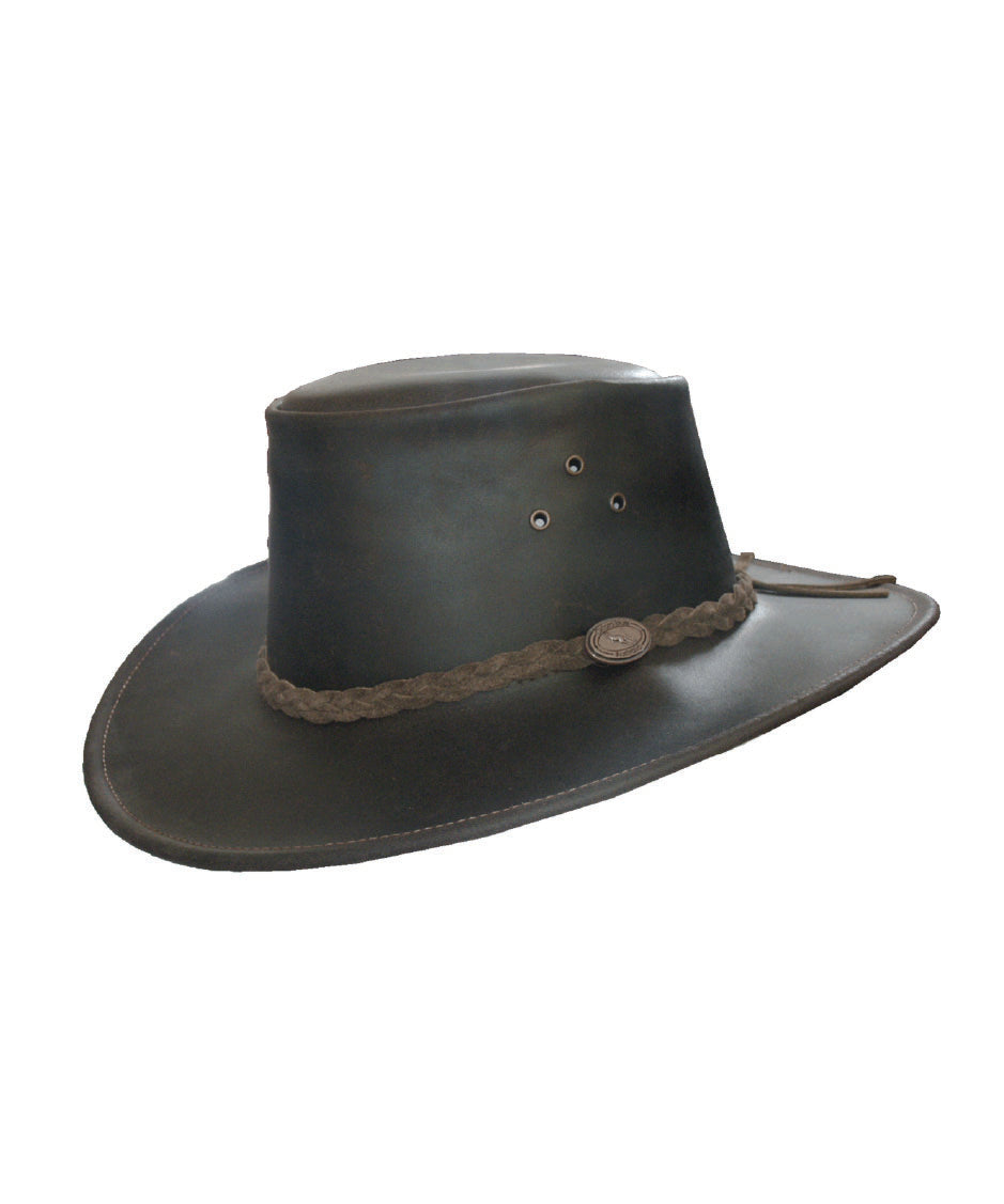 HW08 - Leather Cowhide Aussie Hat - BROWN - Oxford Blue