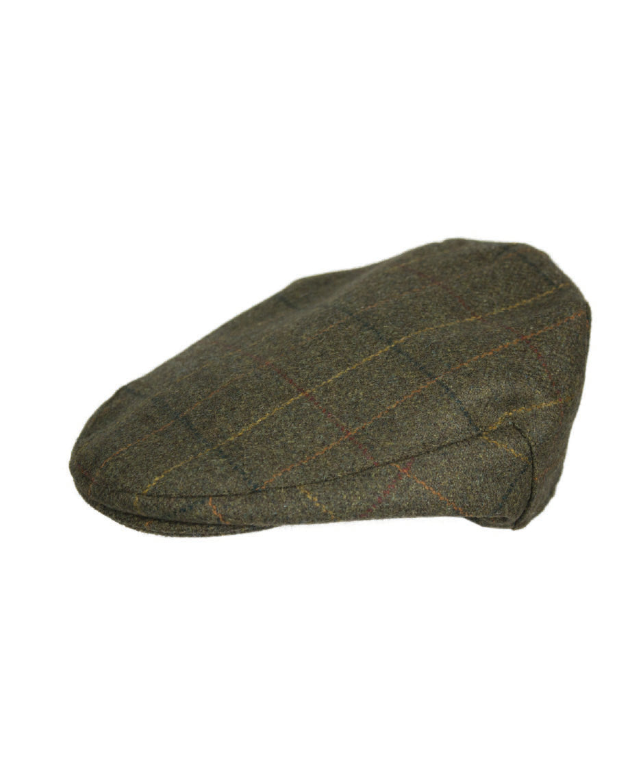 HW35 - Hunter Wool Tweed Flat Cap - GREEN CHECK - Oxford Blue