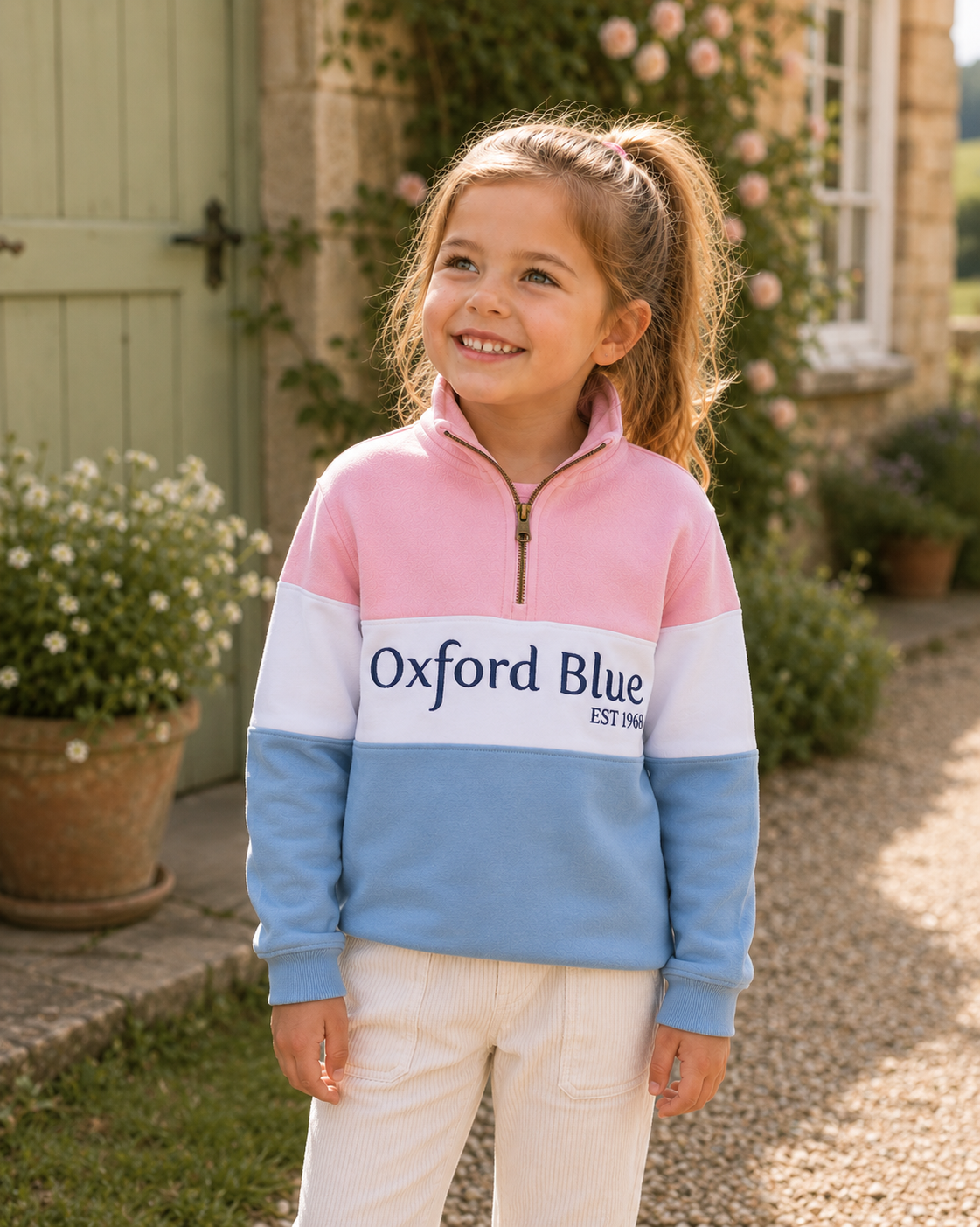 KSS01 - Childrens Unisex Girvan Sweatshirt - Pink/White/Blue - Oxford Blue