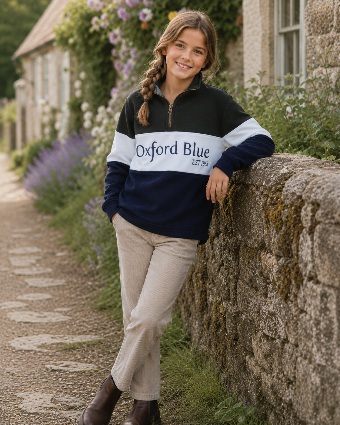 KSS01 - Childrens Unisex Girvan Sweatshirt - Khaki/White/Navy - Oxford Blue