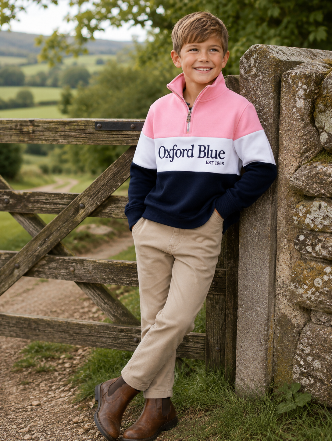 KSS01 - Childrens Unisex Girvan Sweatshirt - Pink/White/Navy - Oxford Blue