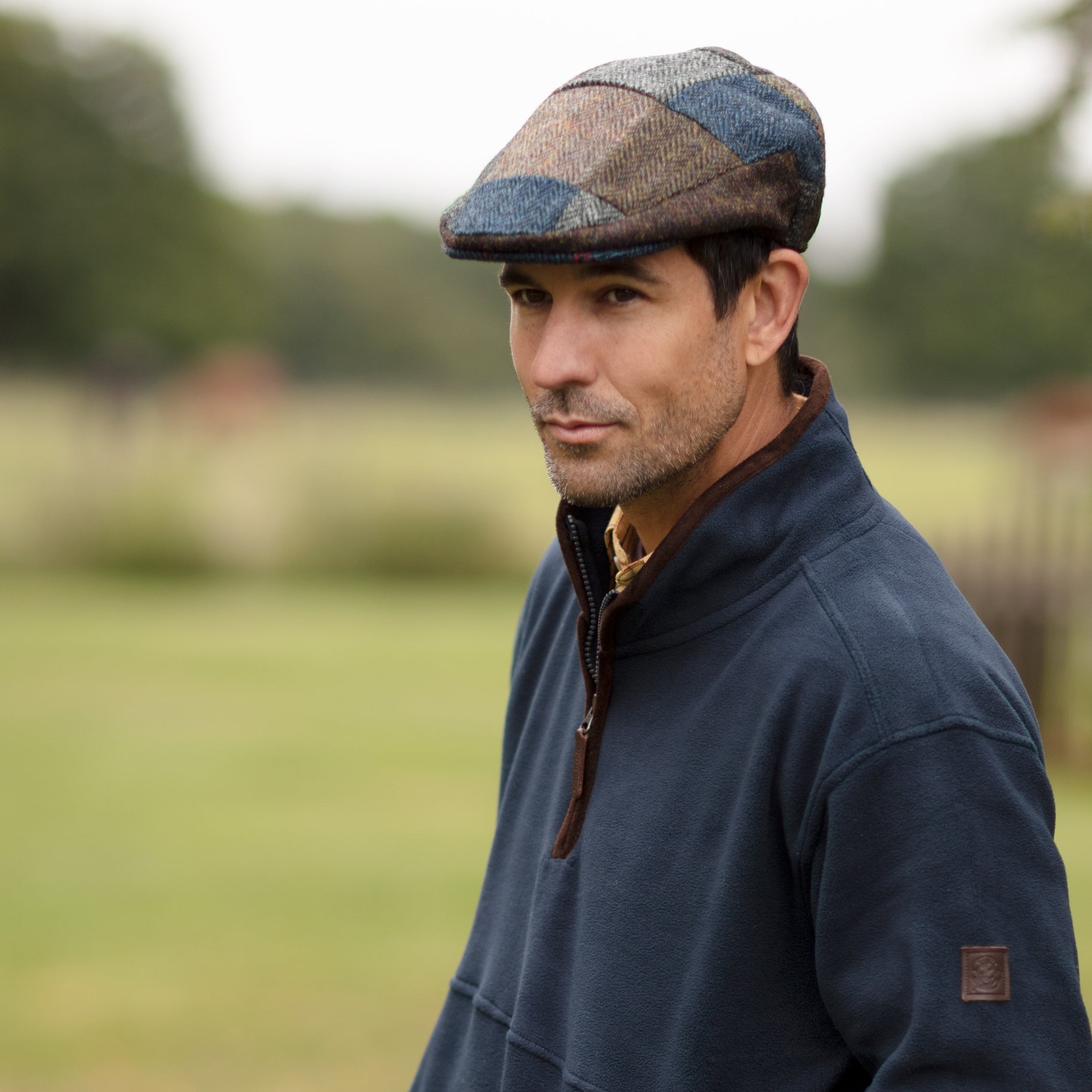 HW92 - Harris Tweed Patchwork Flat Cap - Oxford Blue
