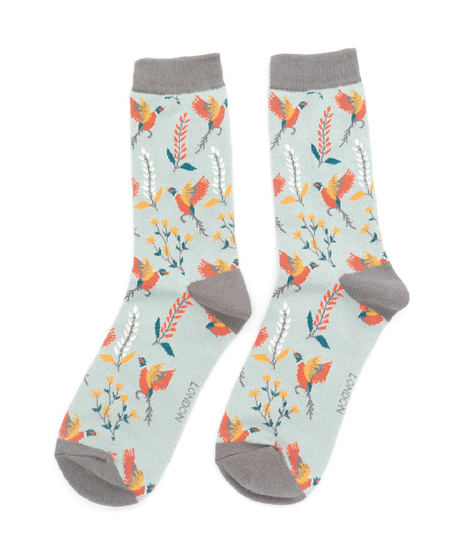 Ladies Pheasants & Flowers - Duck Egg - Oxford Blue