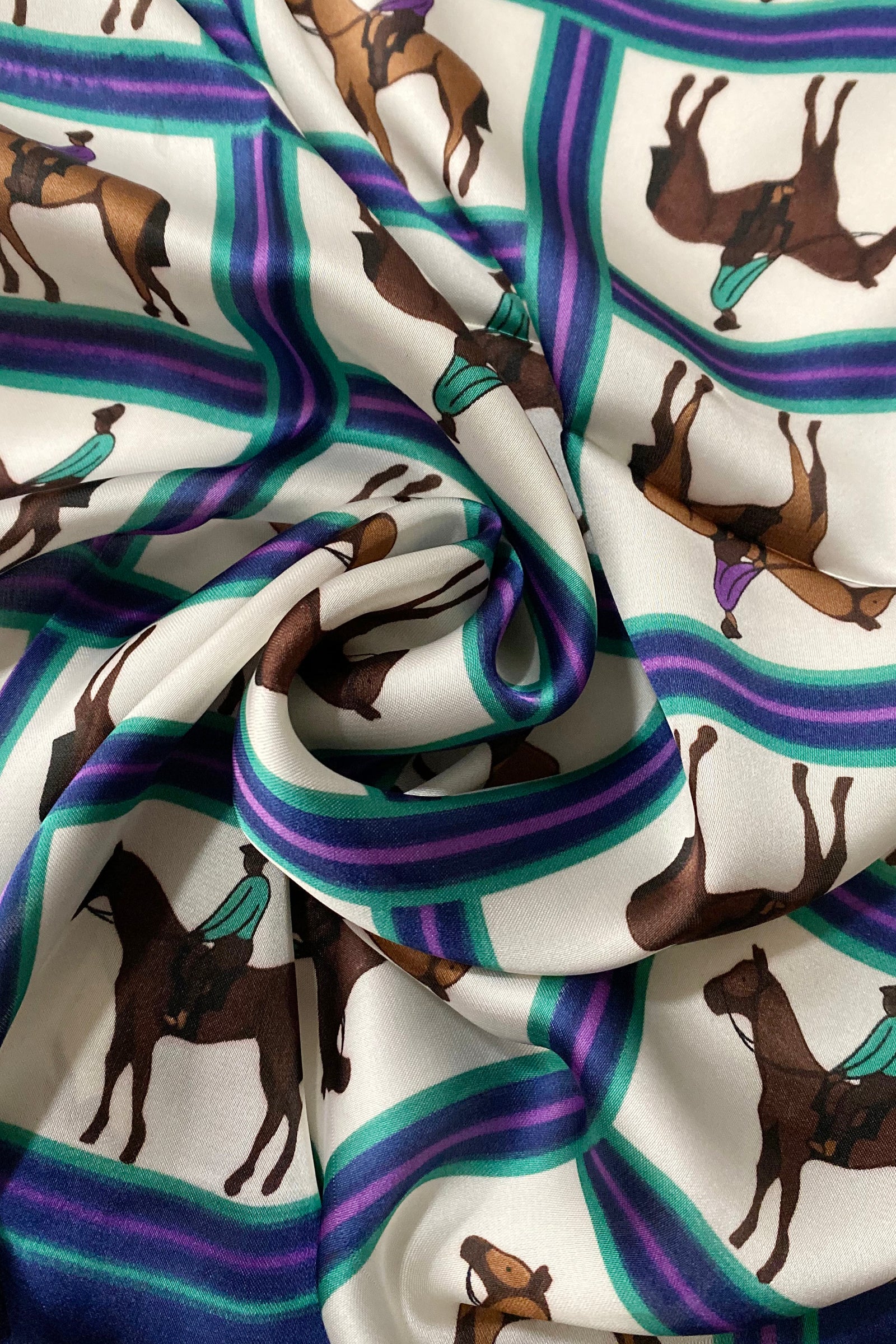 Horse Riding Print Square Scarf - Navy Blue - Oxford Blue