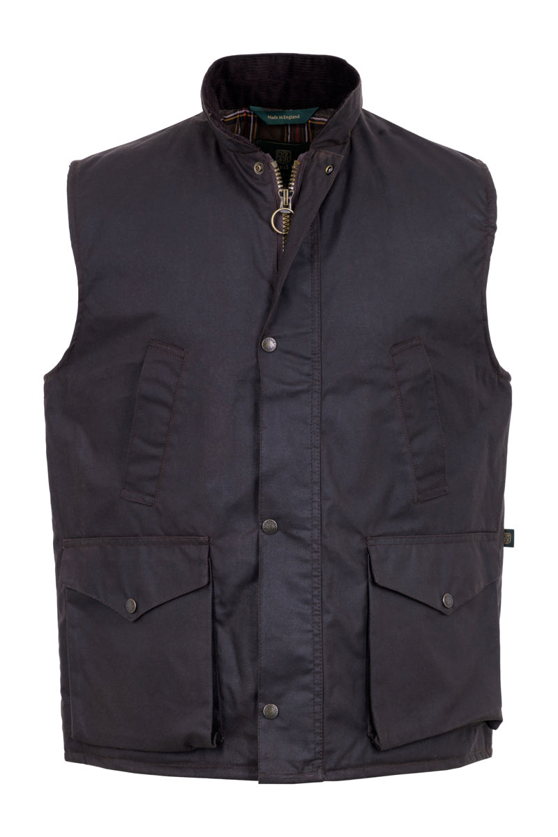 W114 - Men's Countryman Wax Gilet - BROWN - Oxford Blue