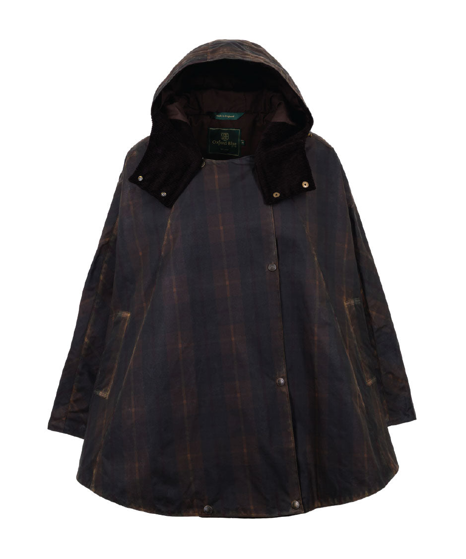 W16T - Ladies Dublin Tartan Wax Hooded Cape - HONEY - Oxford Blue