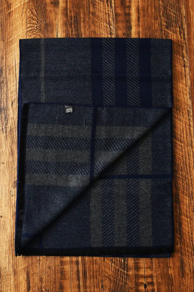 Reversible Stripe / Check Print Frayed Scarf - Navy - Oxford Blue