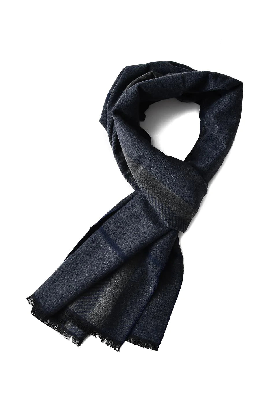 Reversible Stripe / Check Print Frayed Scarf - Navy - Oxford Blue
