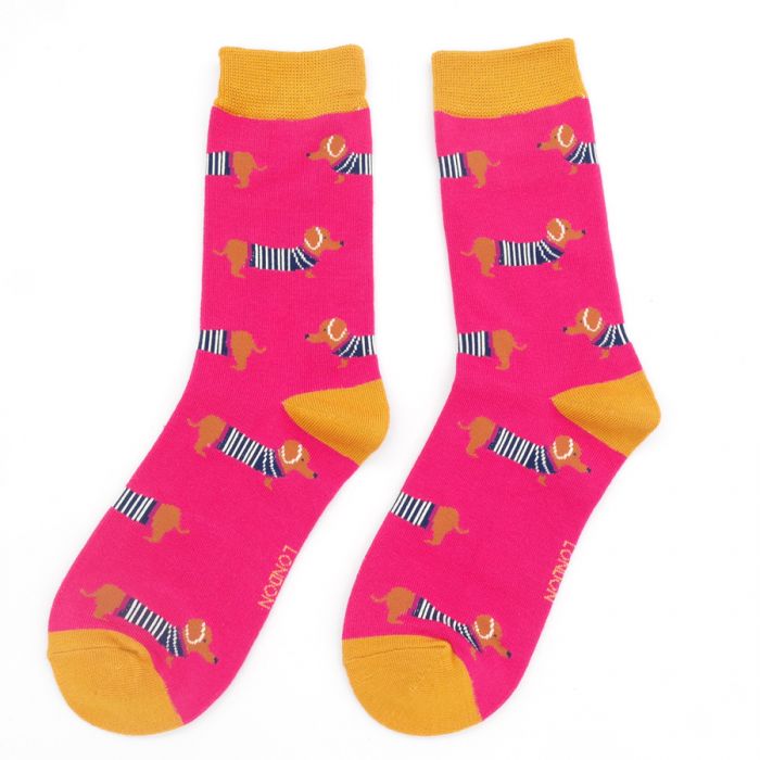 Women's Parisian Pups Socks - Hot Pink - Oxford Blue