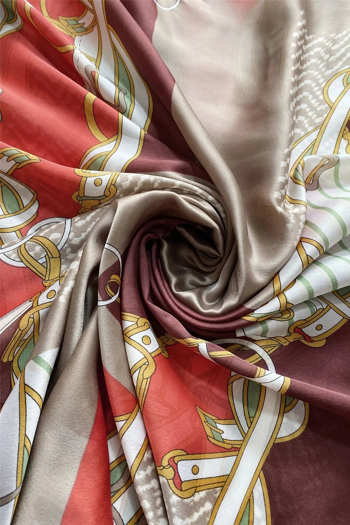 Fashion Buckle Print Silk Scarf - Light Coffee - Oxford Blue