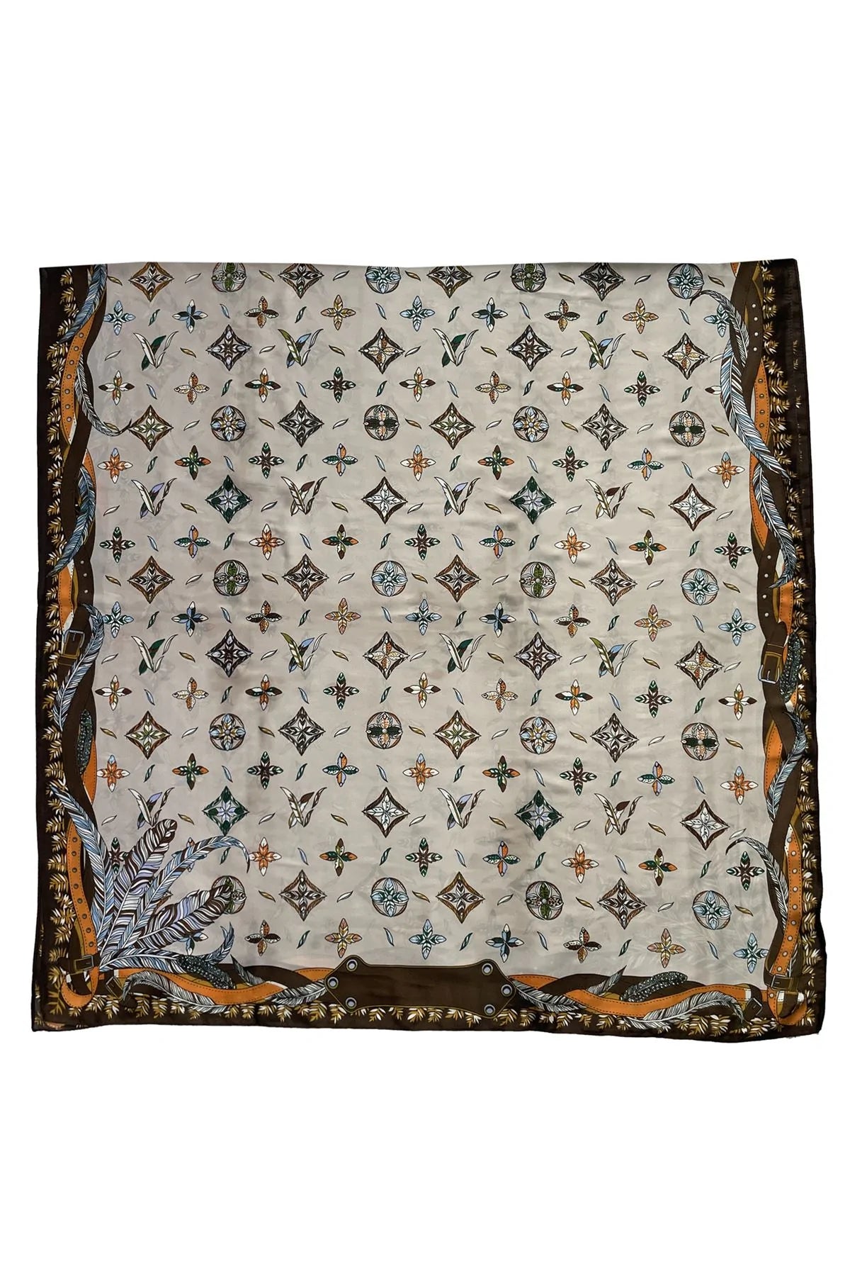 Feather & Floral Print Silk Scarf - Brown - Oxford Blue