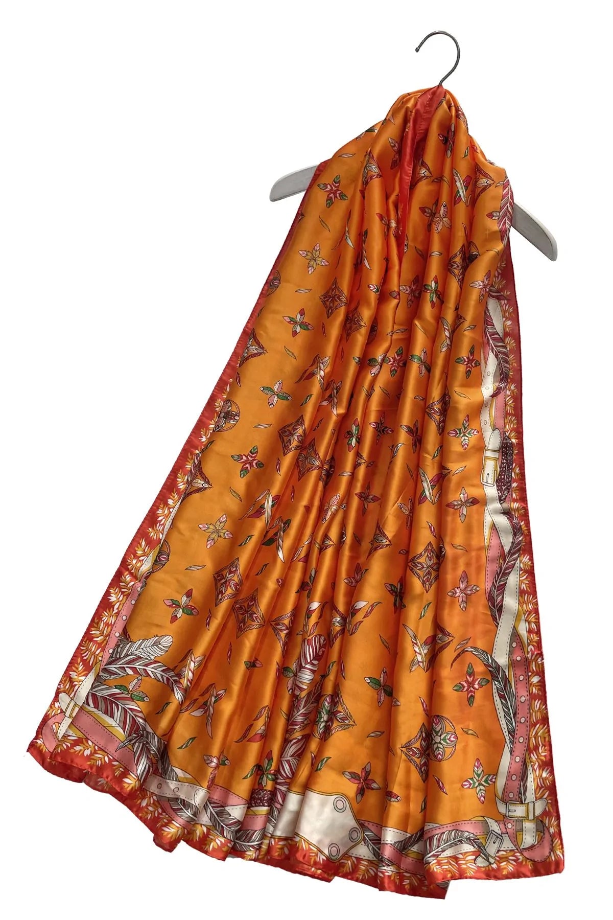 Feather & Floral Print Silk Scarf - Orange - Oxford Blue