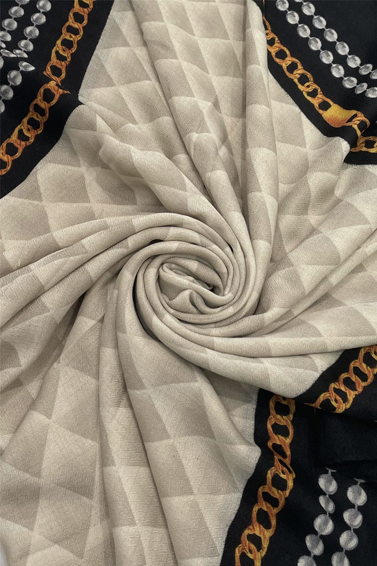 Geo Print Embossed Frayed Scarf With Chain Border - Black - Oxford Blue