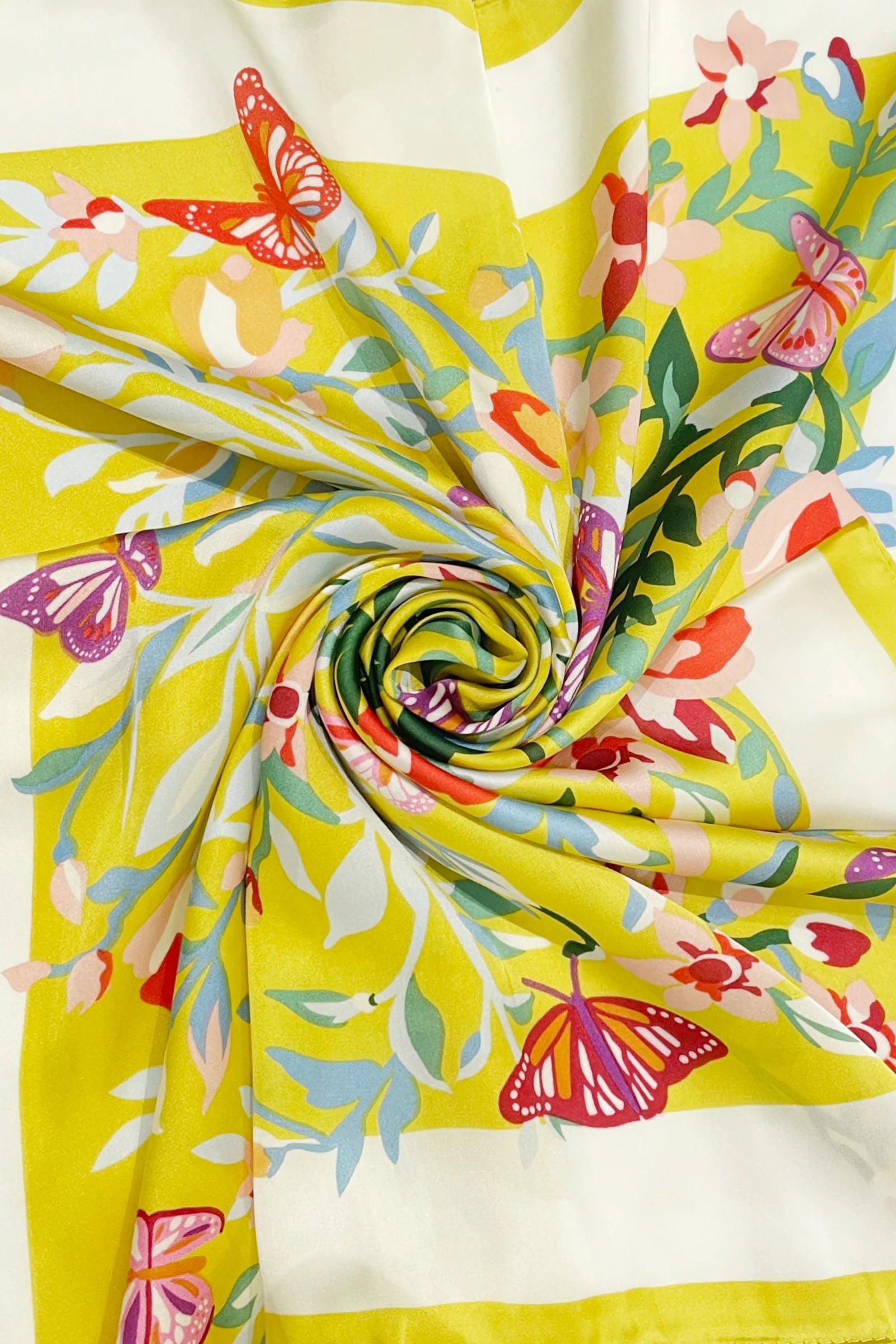 Butterfly Floral Border Print Square Scarf - Yellow - Oxford Blue