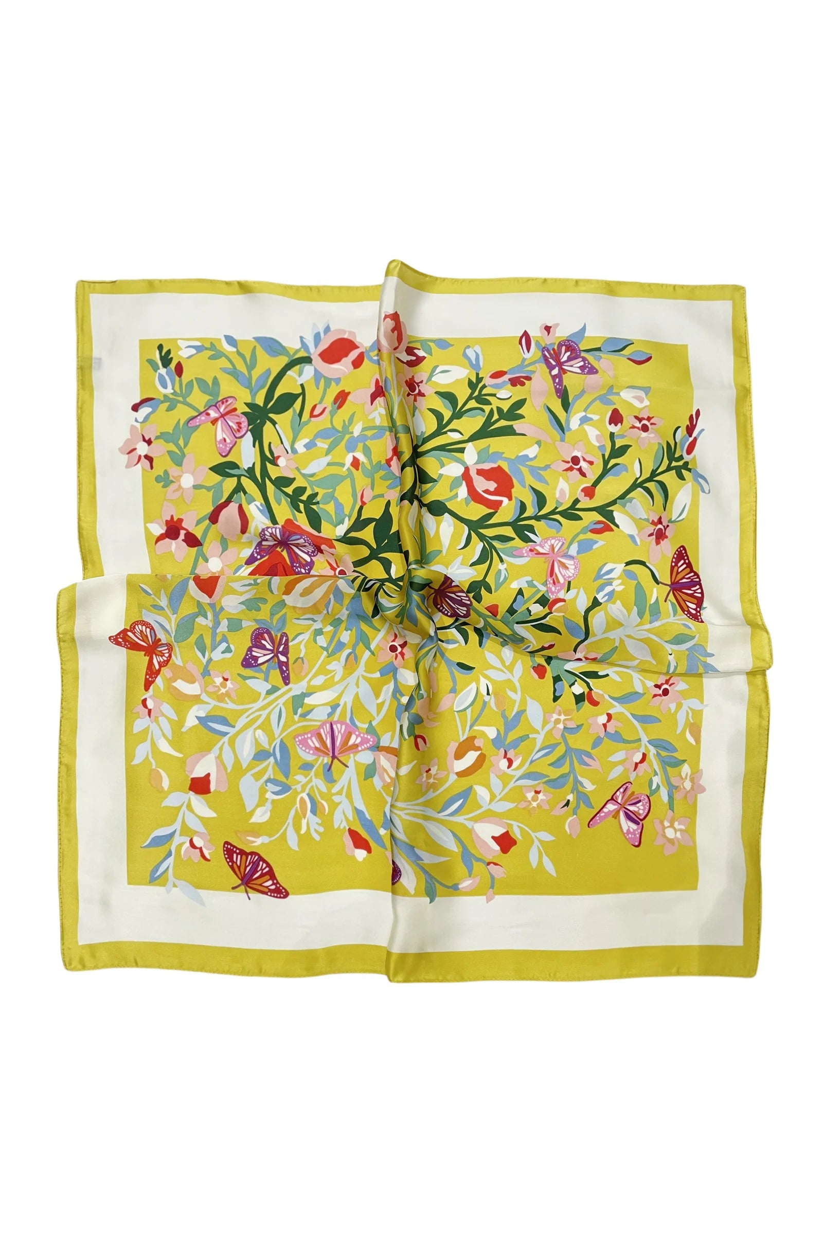 Butterfly Floral Border Print Square Scarf - Yellow - Oxford Blue