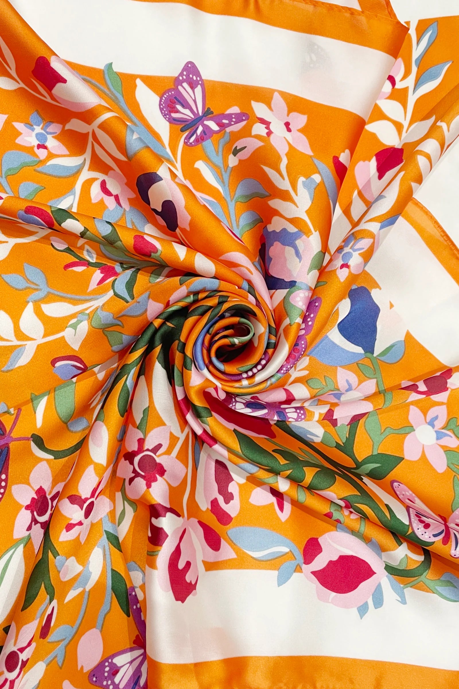 Butterfly Floral Border Print Square Scarf - Orange - Oxford Blue