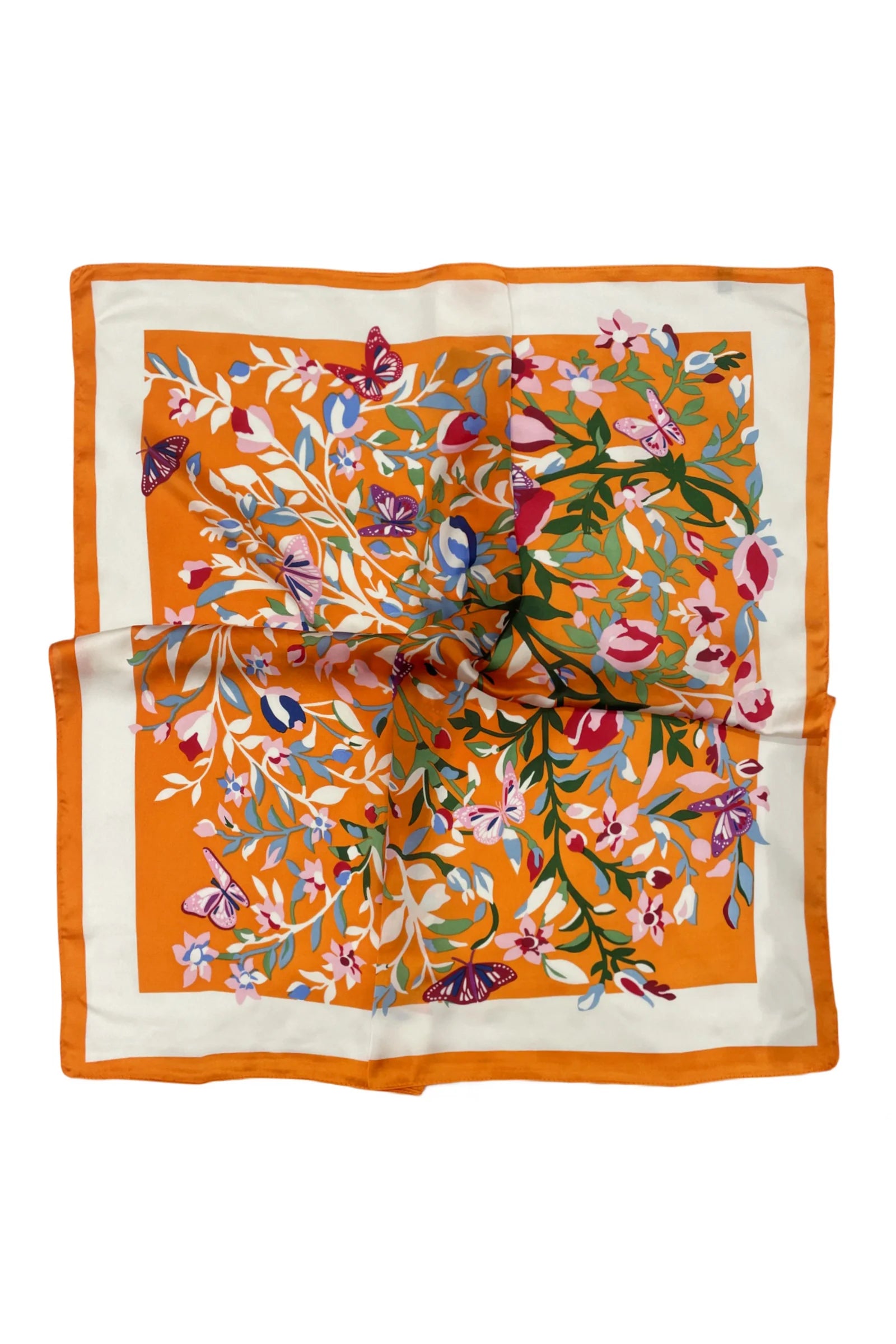 Butterfly Floral Border Print Square Scarf - Orange - Oxford Blue