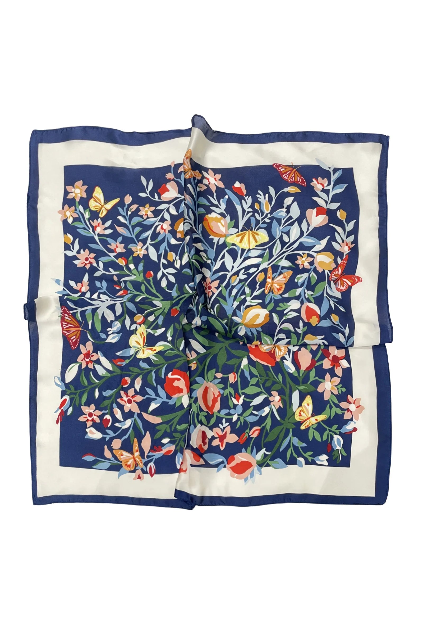 Butterfly Floral Border Print Square Scarf - Navy - Oxford Blue