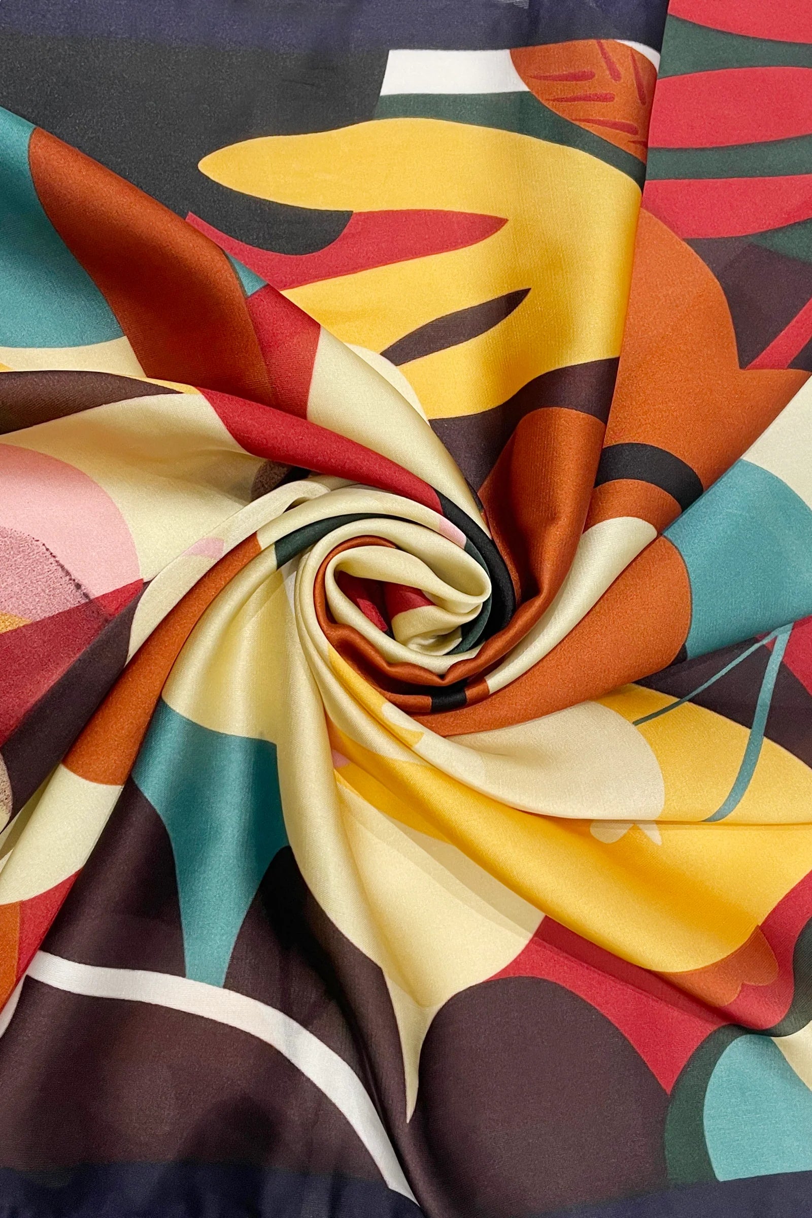 Retro Floral Colour Edge Print Square Scarf - Navy - Oxford Blue