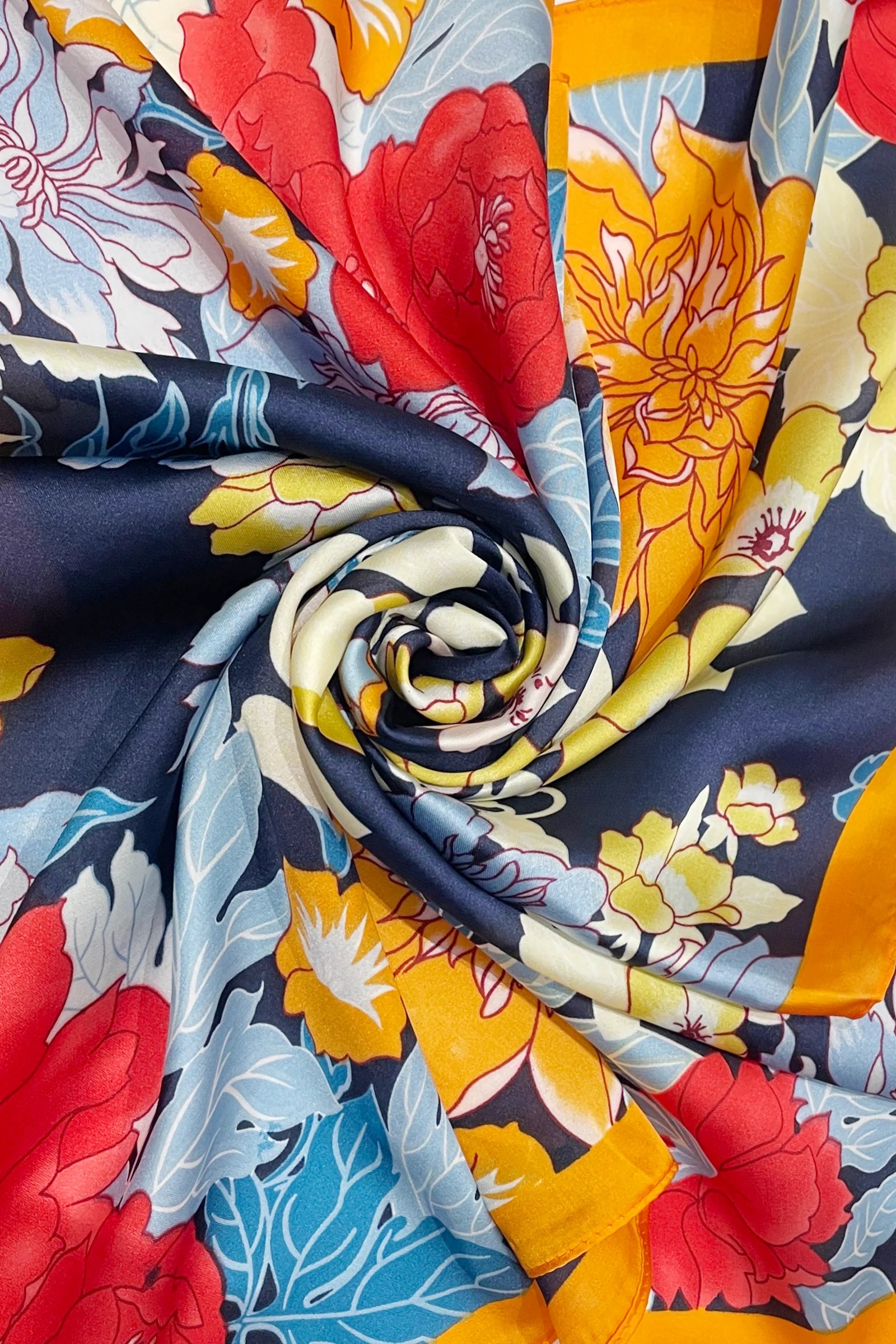 Multicolour Floral Print With Border Edge Square Scarf - Navy - Oxford Blue