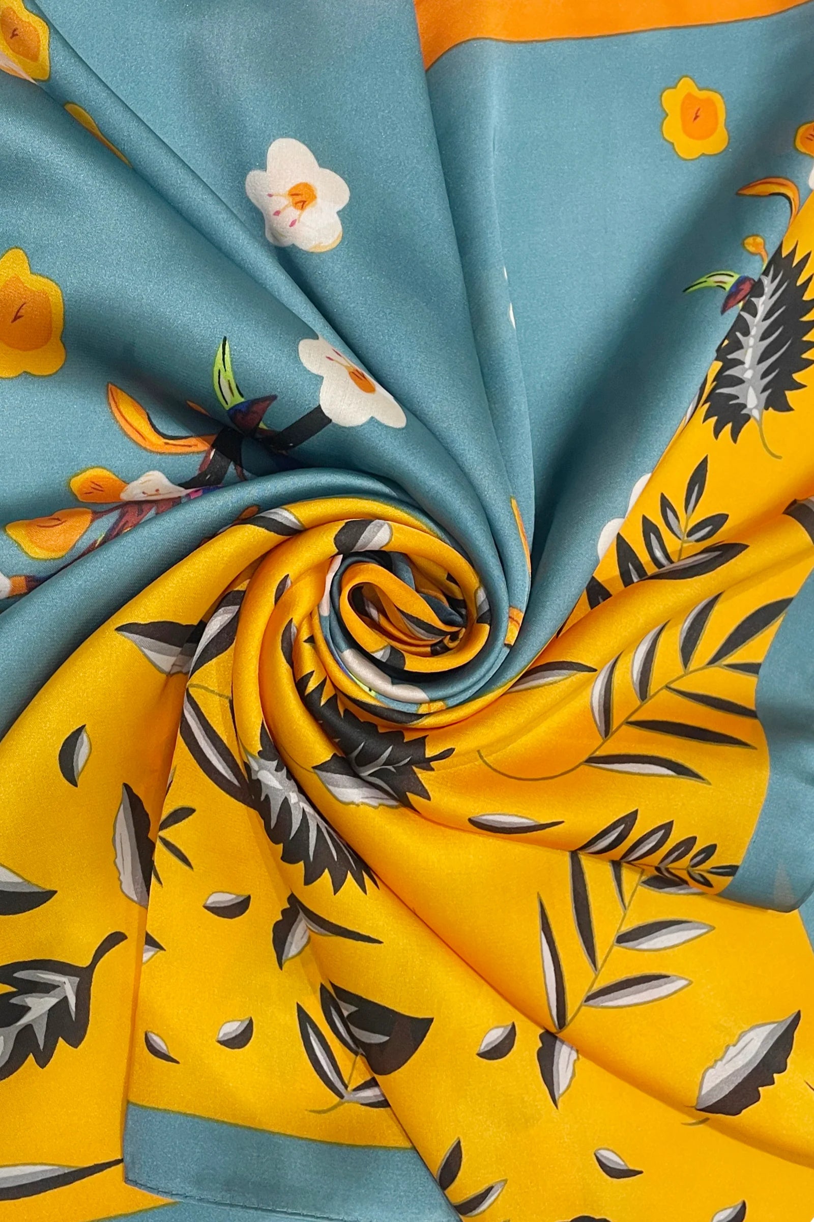 Contrast Flower & Leaf Print Square Scarf - Sky Blue / Mustard - Oxford Blue
