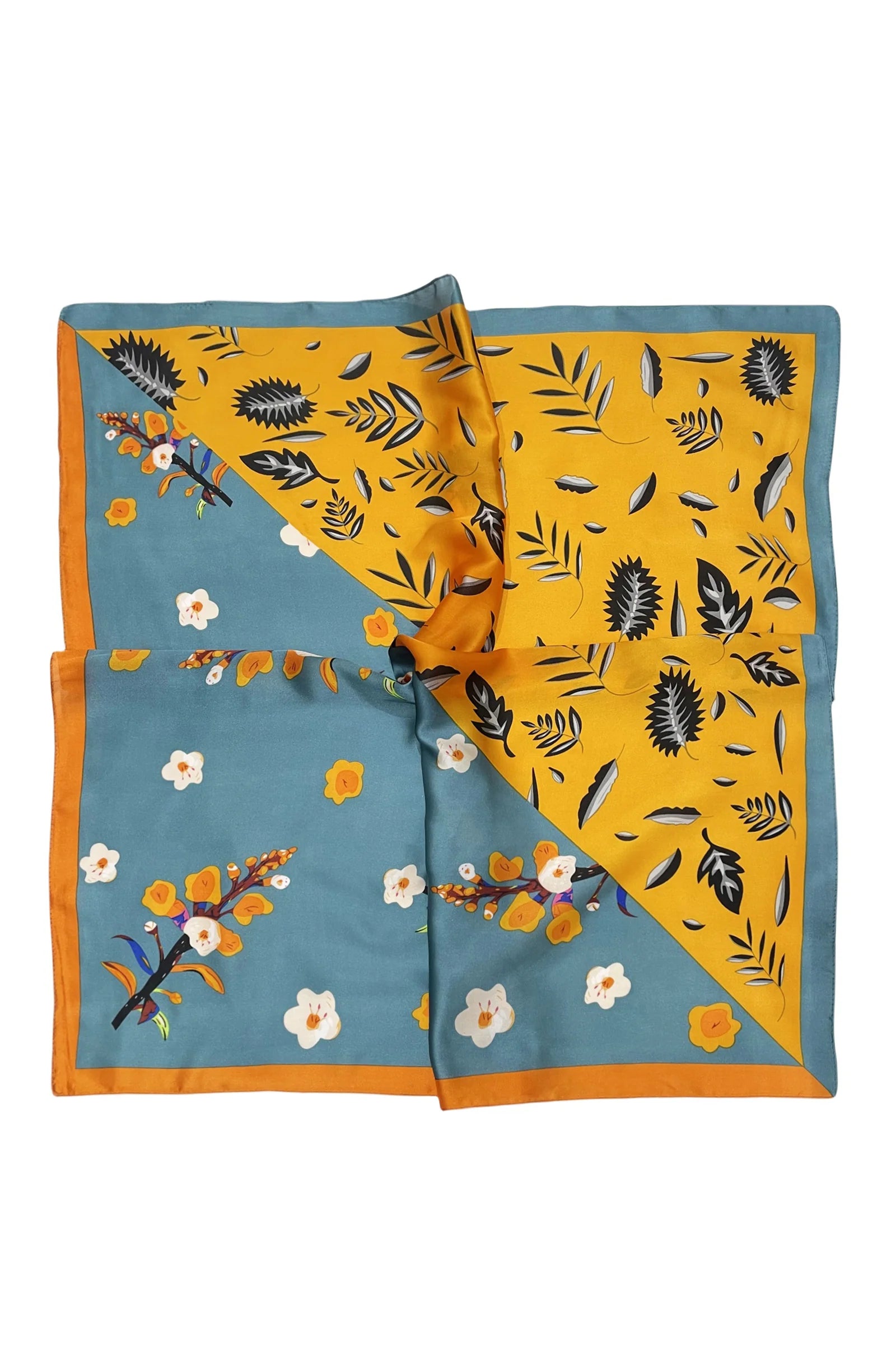 Contrast Flower & Leaf Print Square Scarf - Sky Blue / Mustard - Oxford Blue