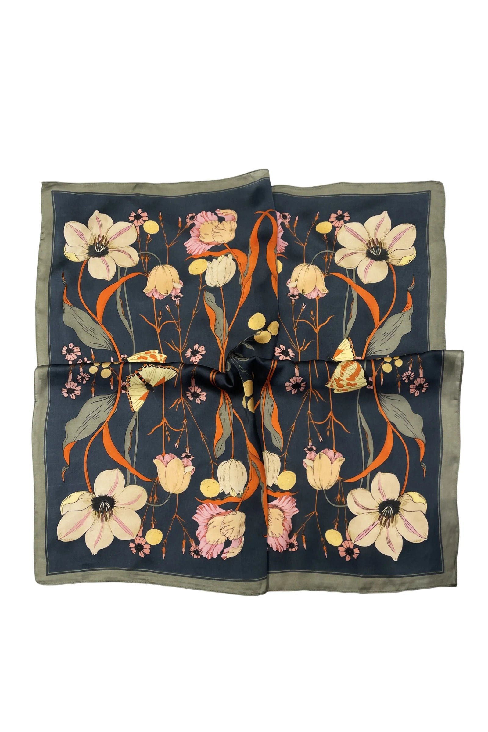 Botanical Butterfly Print Square Scarf - Navy - Oxford Blue