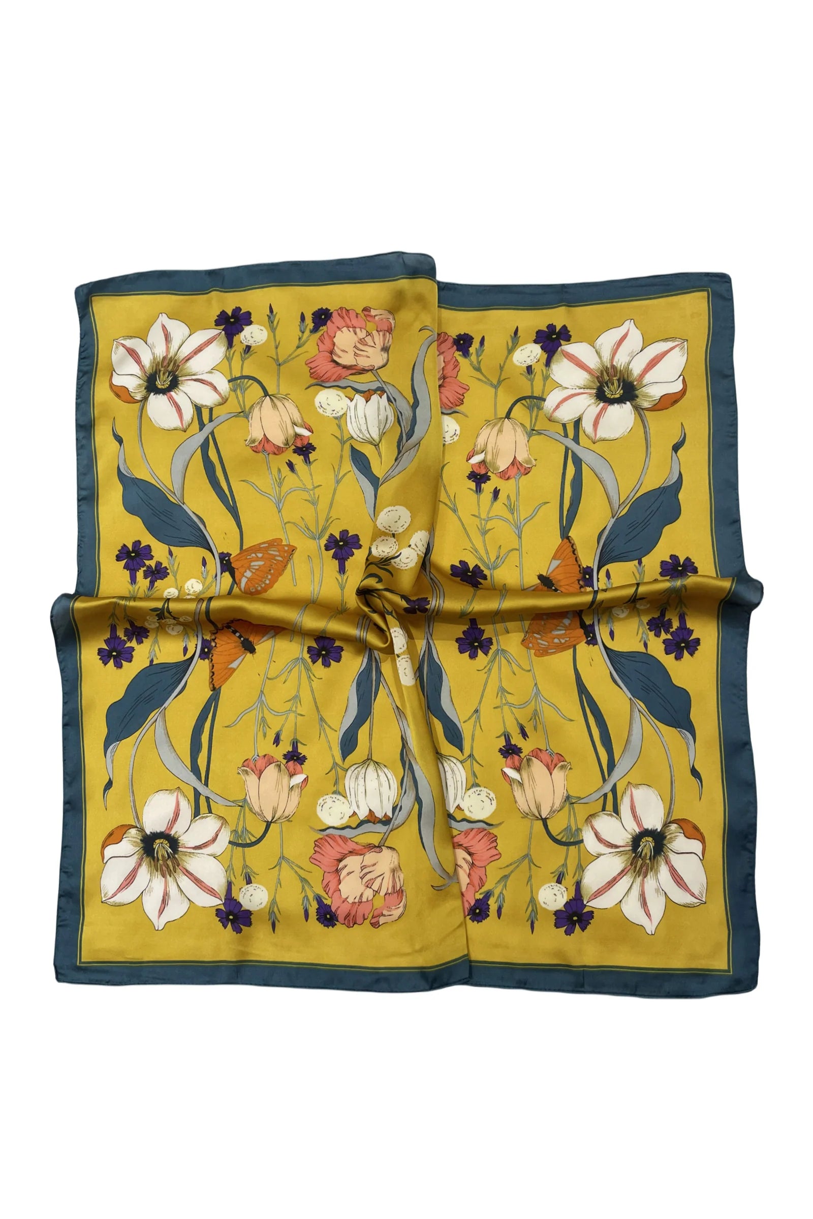 Botanical Butterfly Print Square Scarf - Mustard - Oxford Blue