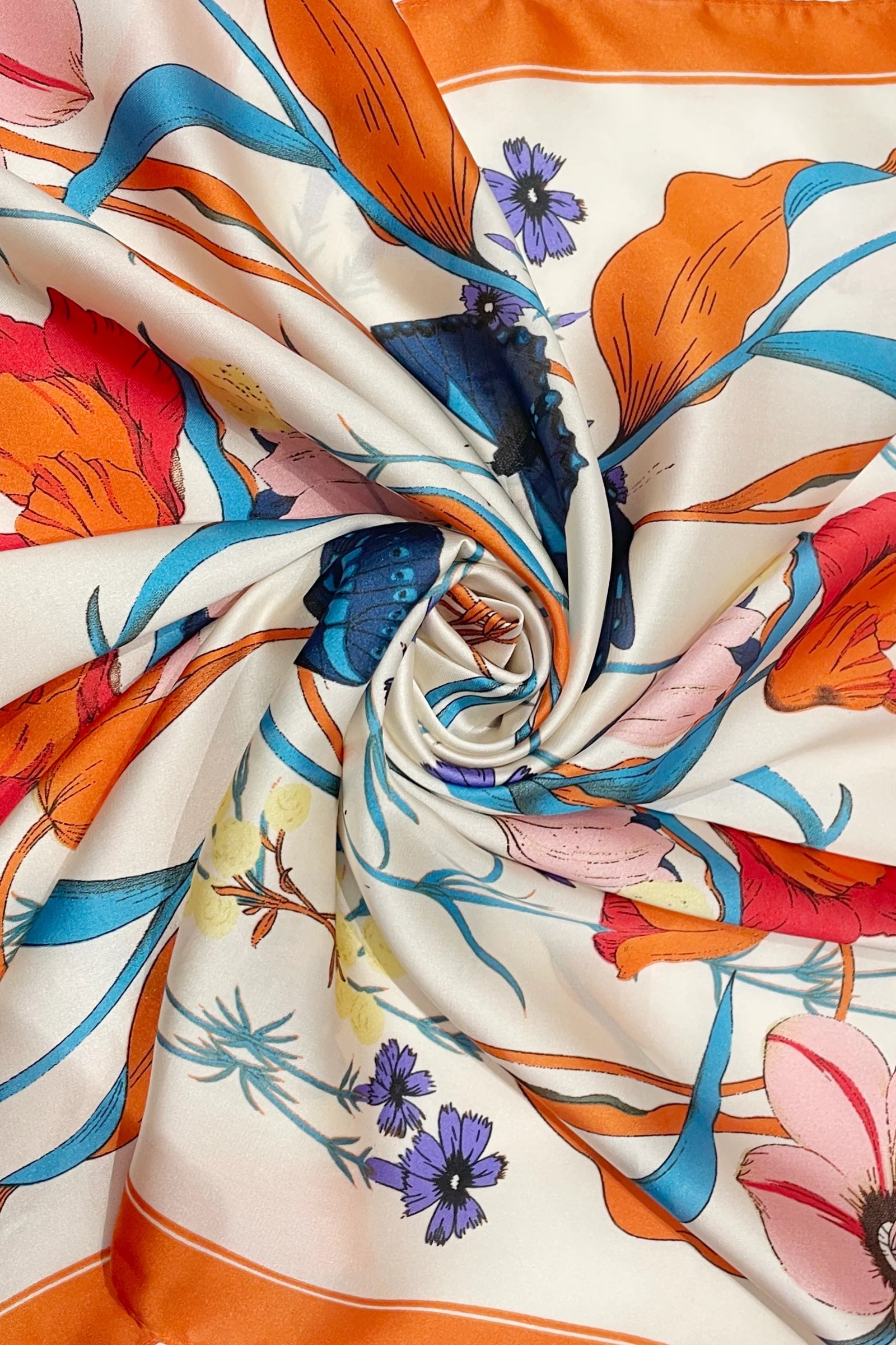 Botanical Butterfly Print Square Scarf - Cream - Oxford Blue