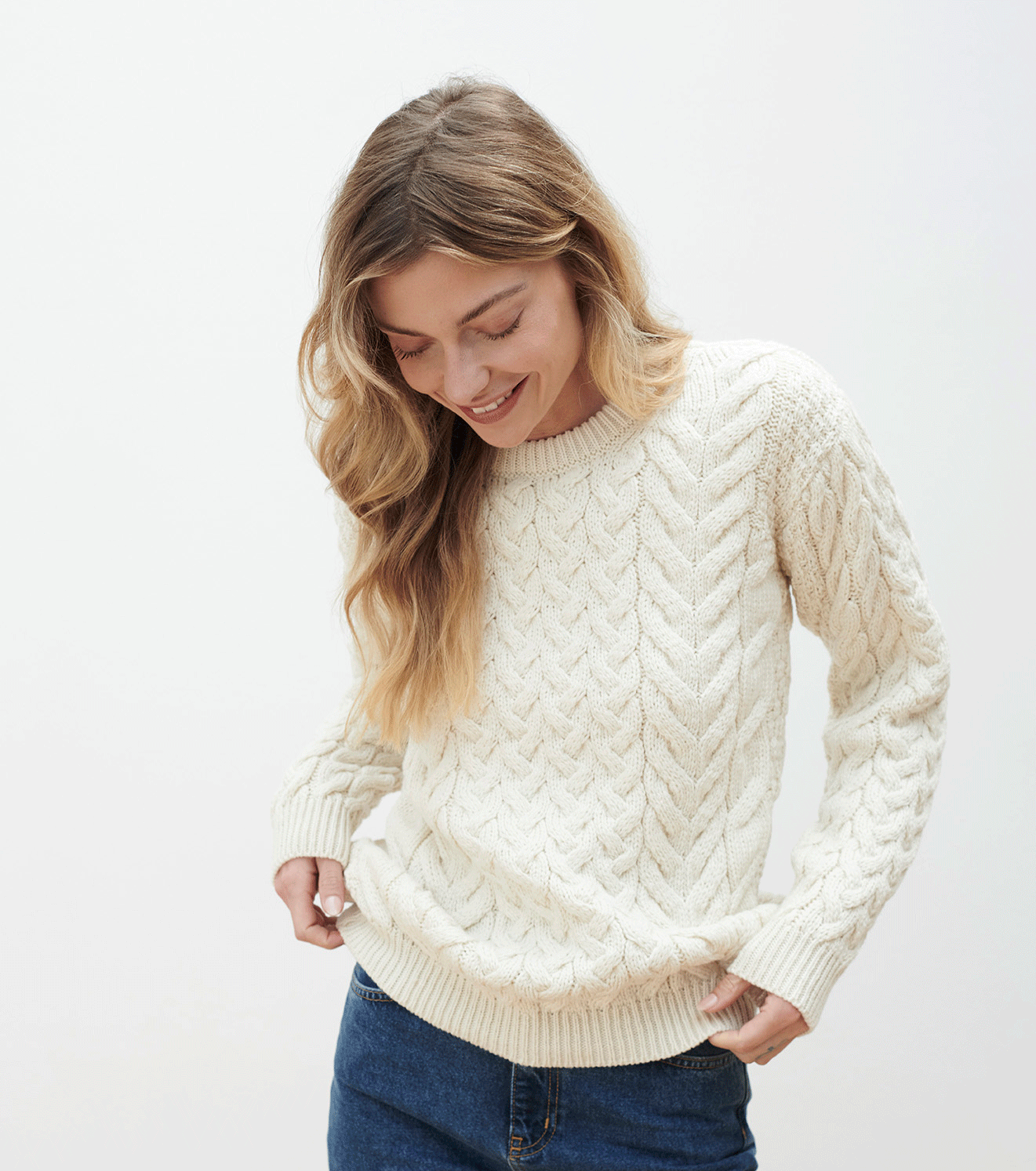 Crew Neck Unisex Aran Sweater - ECRU - Oxford Blue