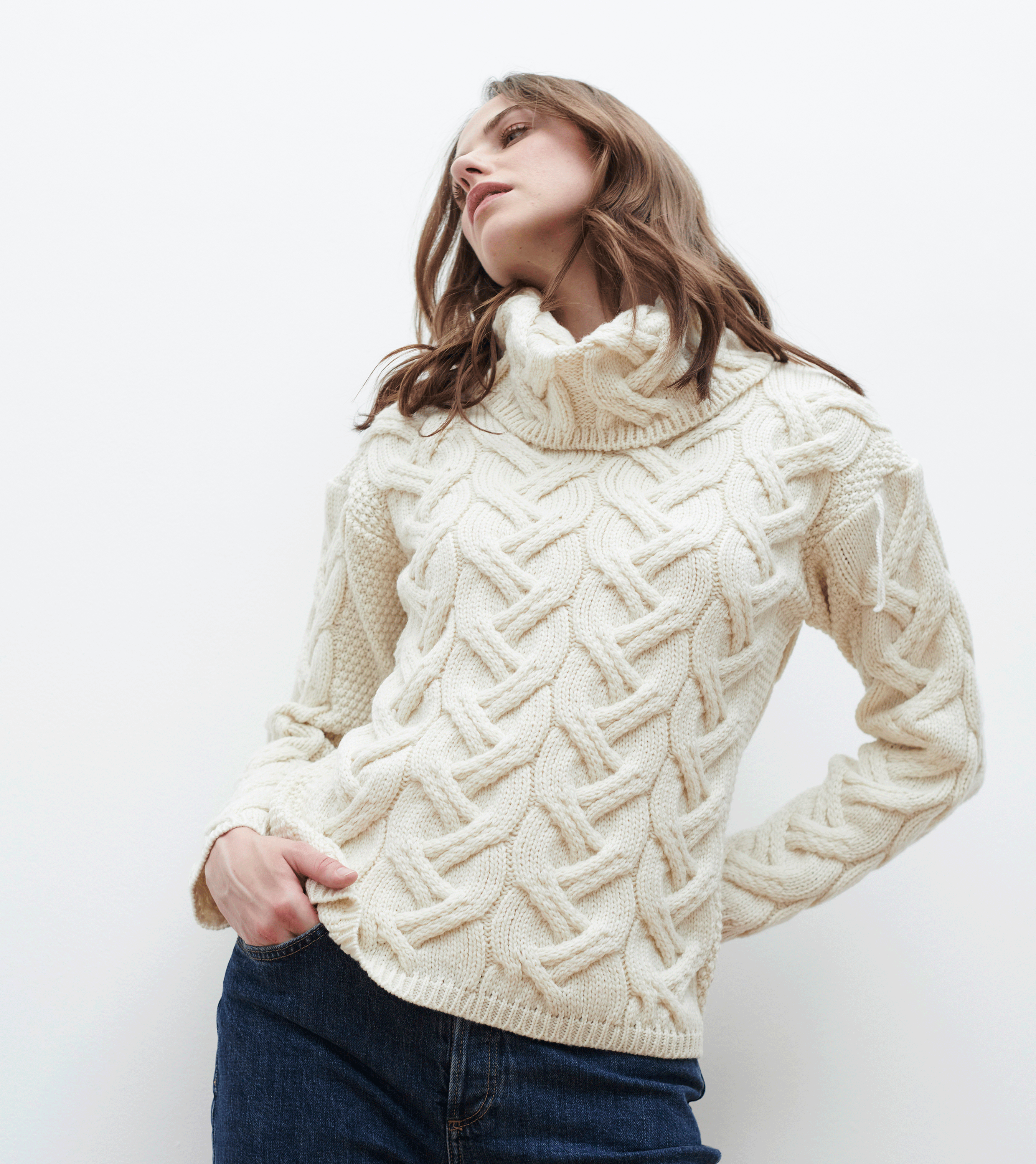 Ladies Chunky Cable Cowl Sweater - ECRU