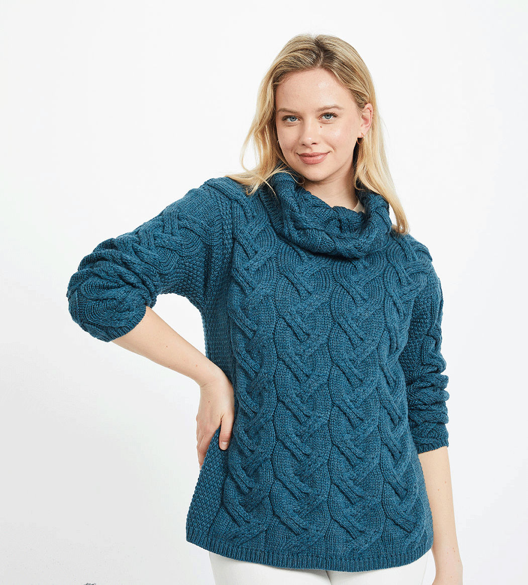Ladies Chunky Cable Cowl Sweater - MARL BLUE - Oxford Blue