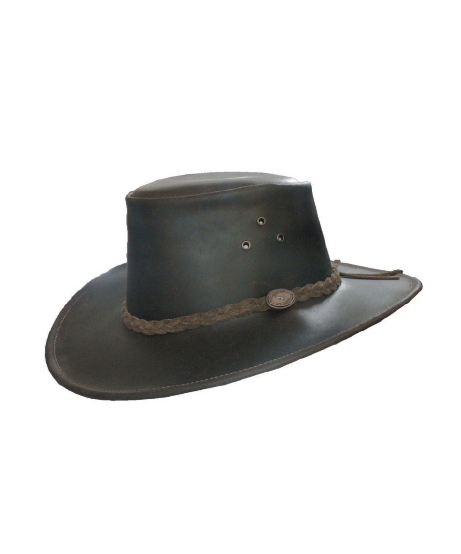 HW04 - Childrens Leather Cowhide Aussie Hat - BROWN - Oxford Blue