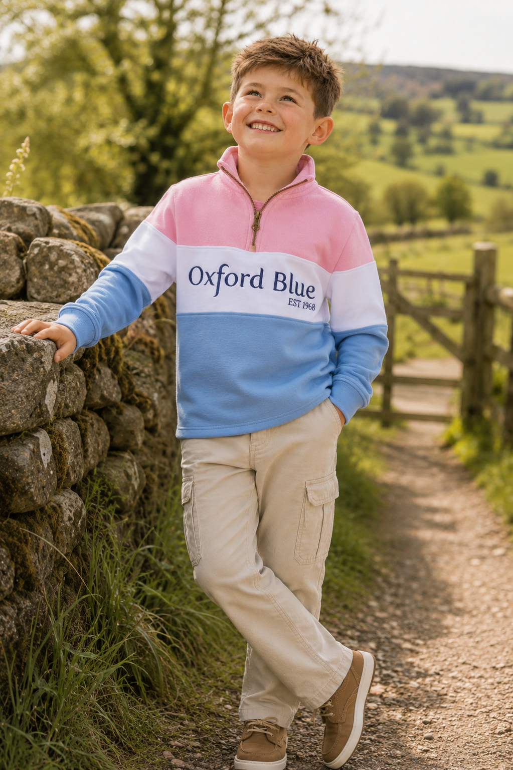 KSS01 - Childrens Unisex Girvan Sweatshirt - Pink/White/Blue - Oxford Blue