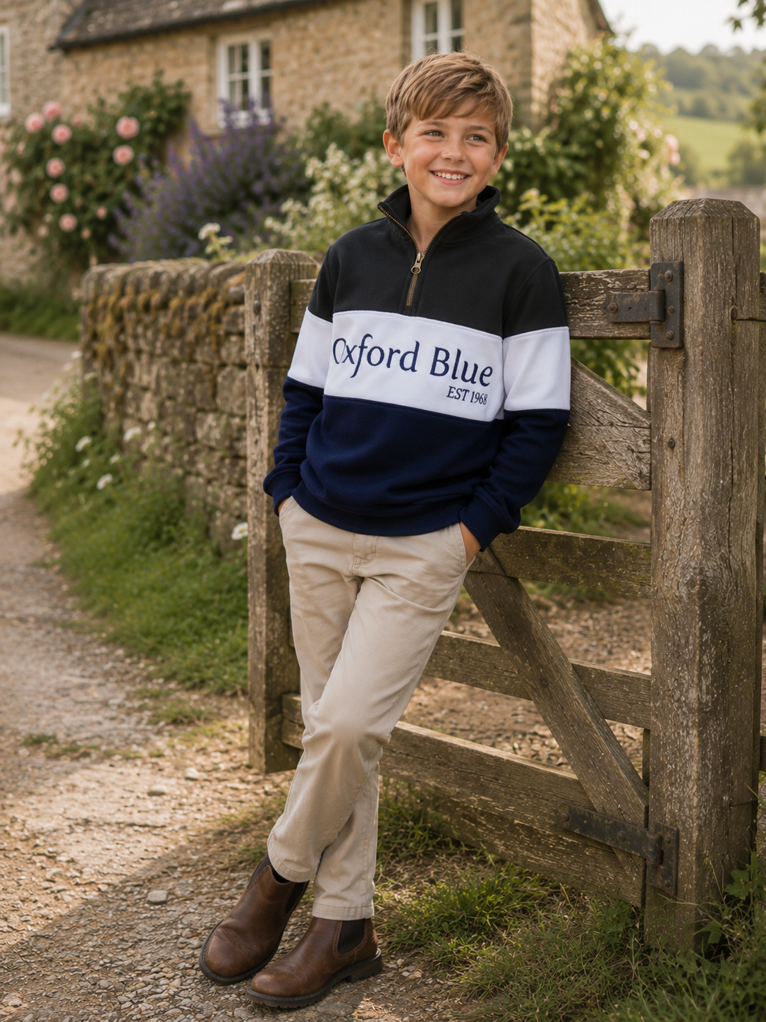 KSS01 - Childrens Unisex Girvan Sweatshirt - Khaki/White/Navy - Oxford Blue