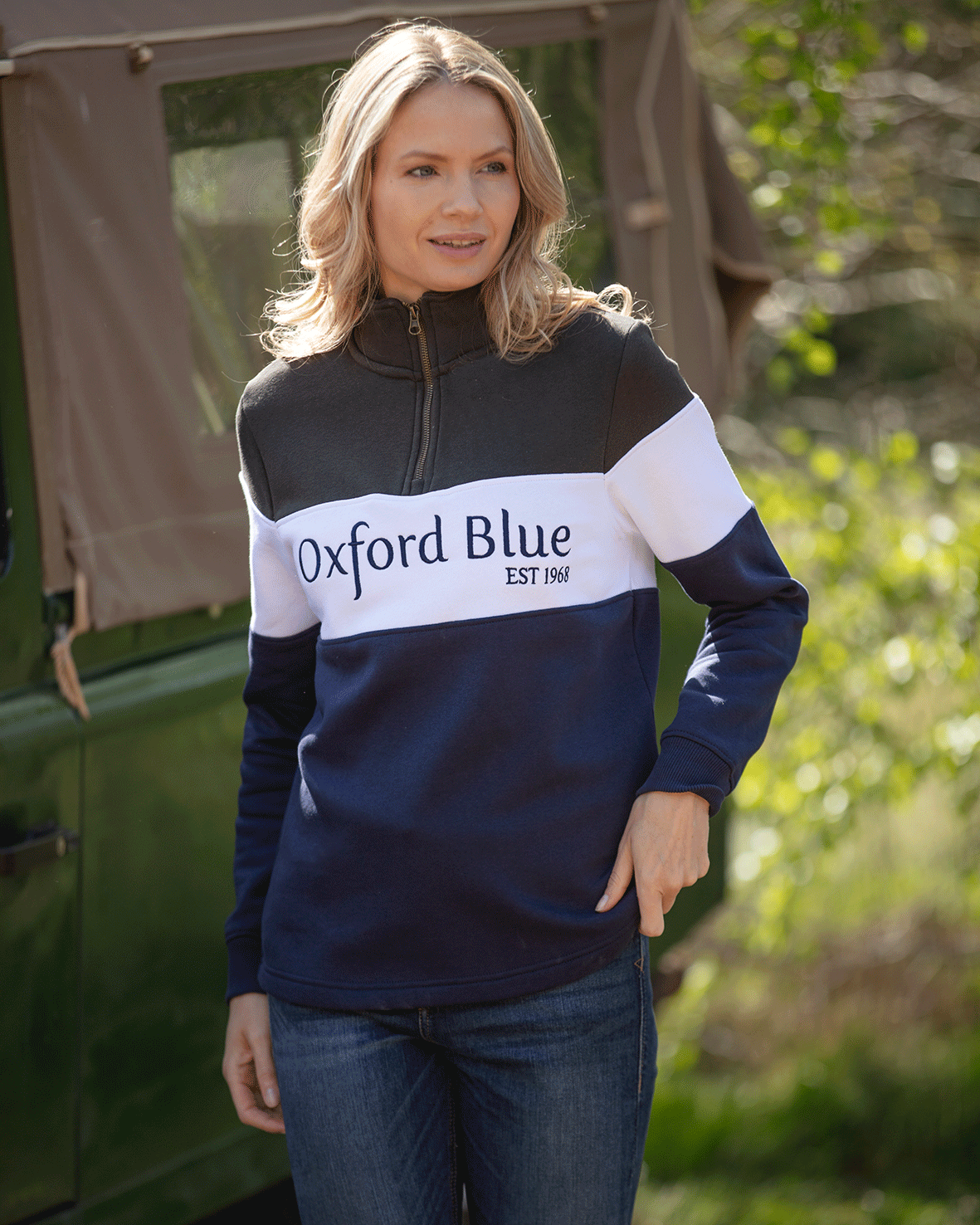 LSS01 - Ladies Girvan Sweatshirt - Khaki/White/Navy - Oxford Blue