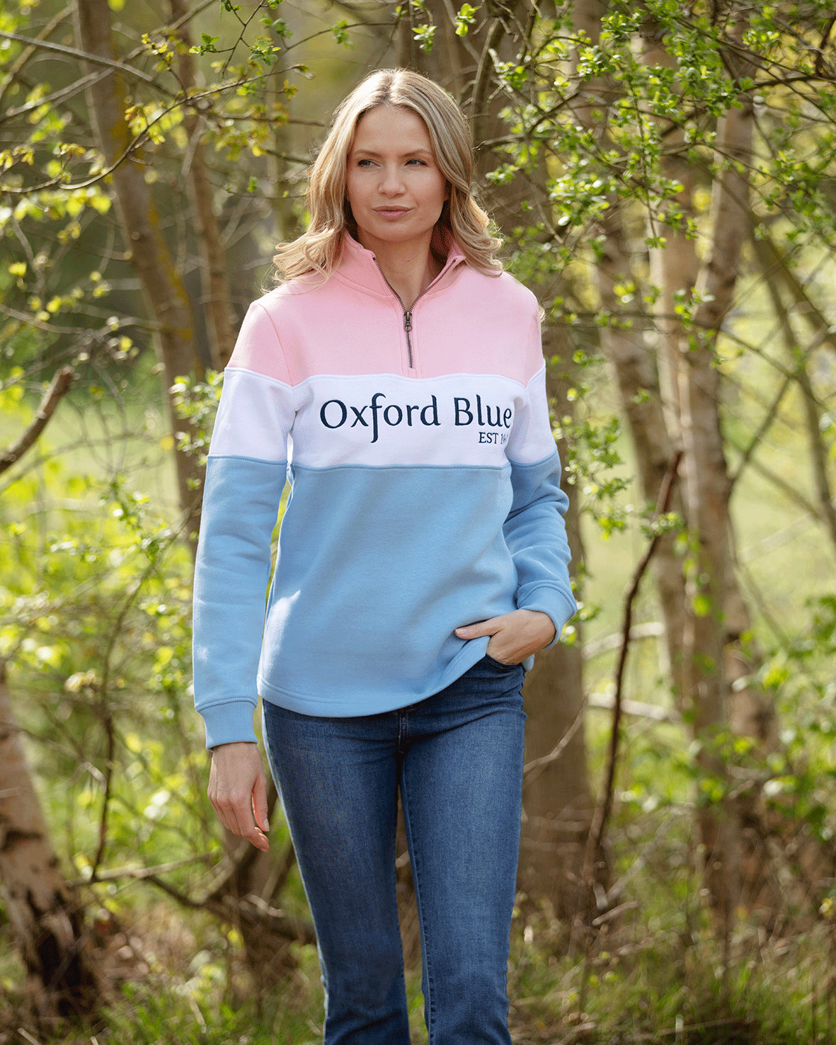 LSS01 - Ladies Girvan Sweatshirt - Pink/White/Blue - Oxford Blue