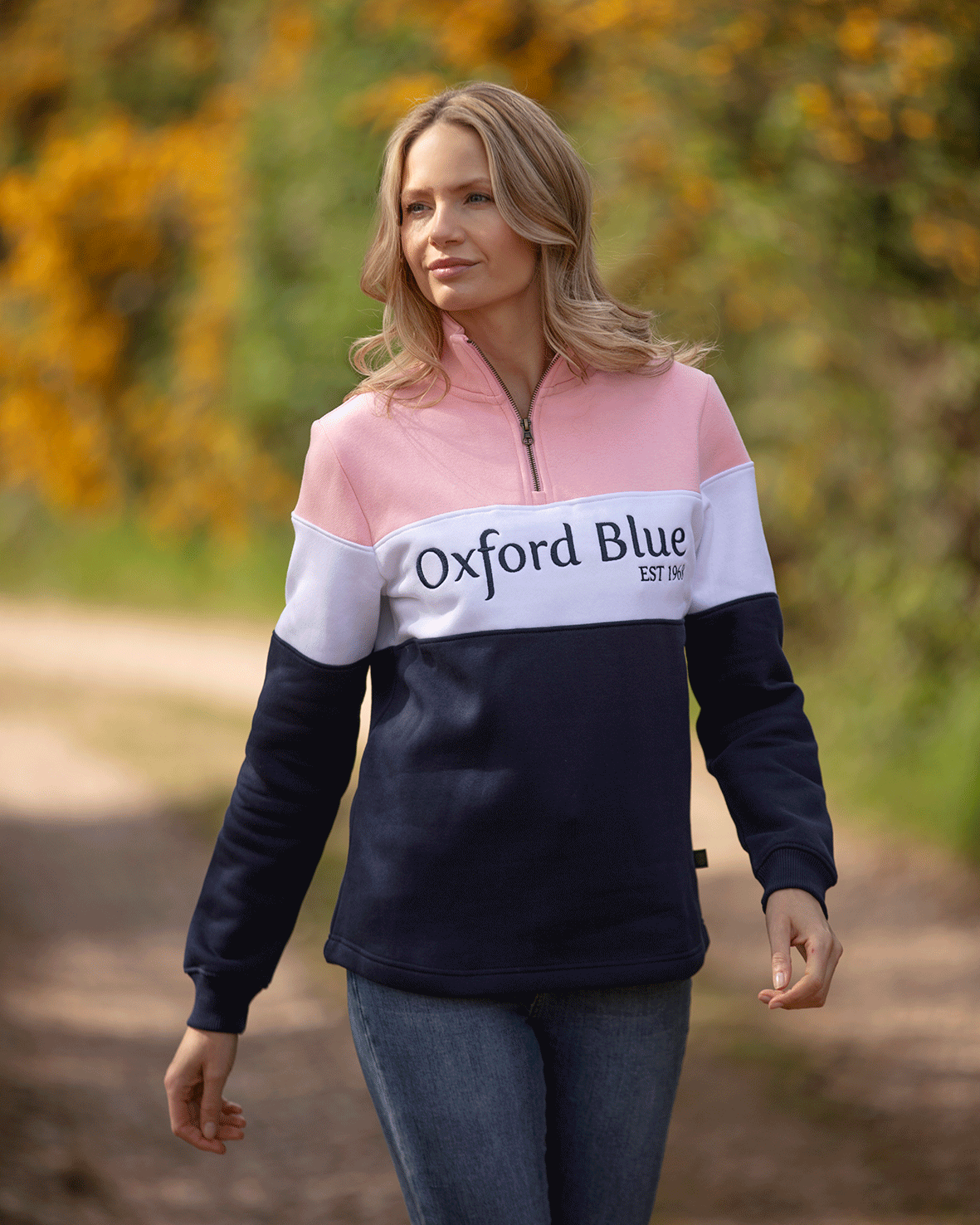 LSS01 - Ladies Girvan Sweatshirt - Pink/White/Navy - Oxford Blue