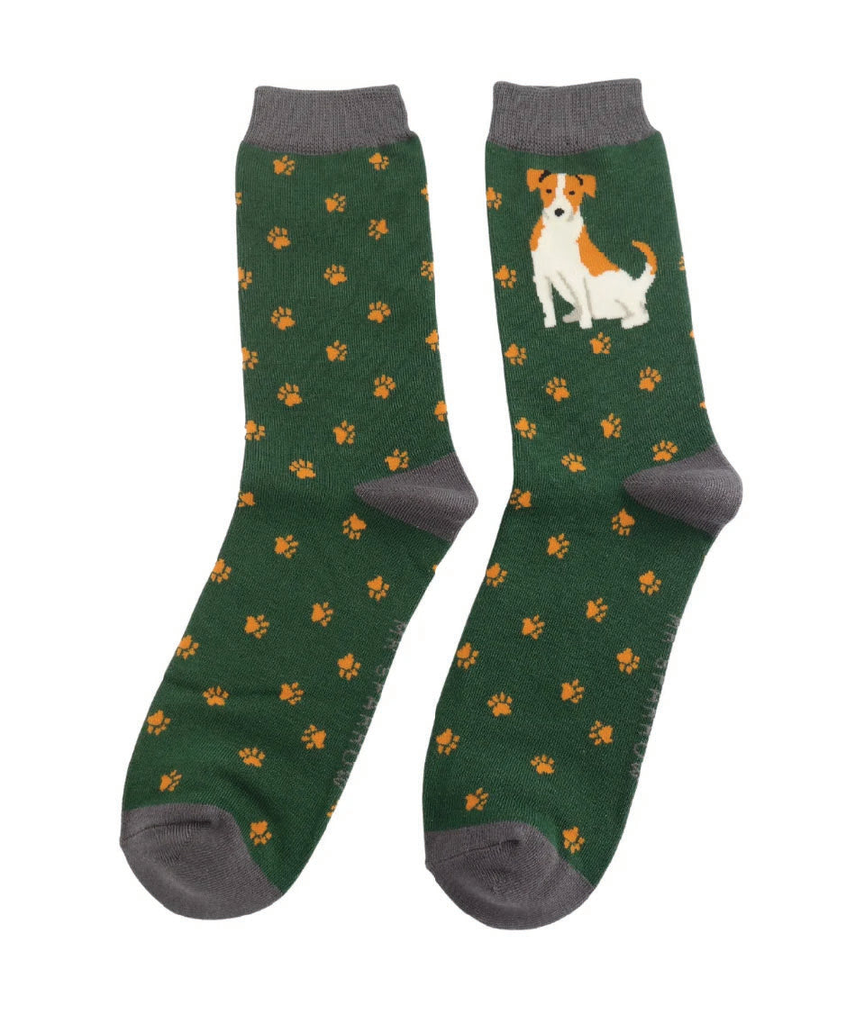 Mens Cute Jack Russells Socks - Green - Oxford Blue