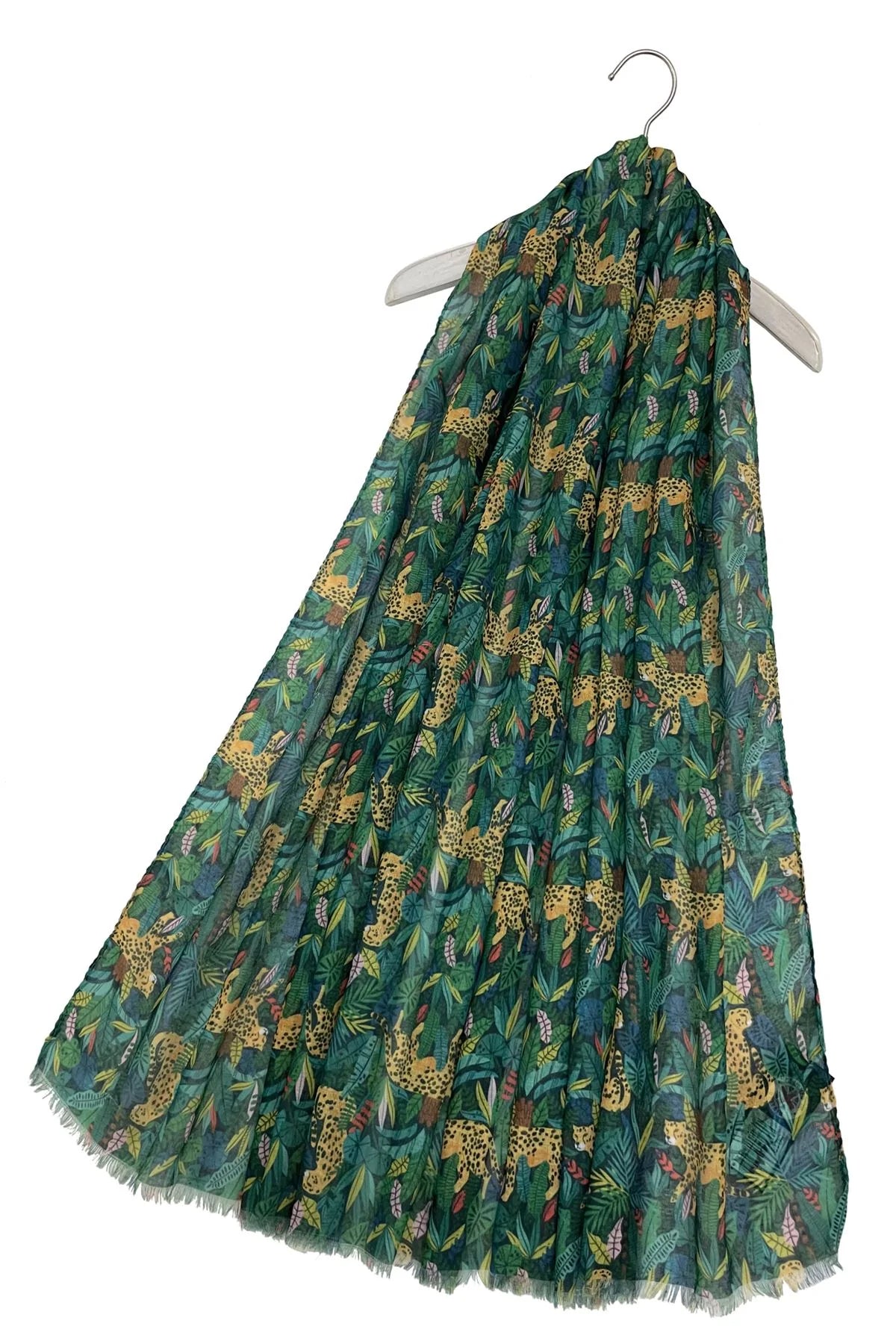 Hidden Cheetah Print Scarf with Frayed Edge - Green - Oxford Blue
