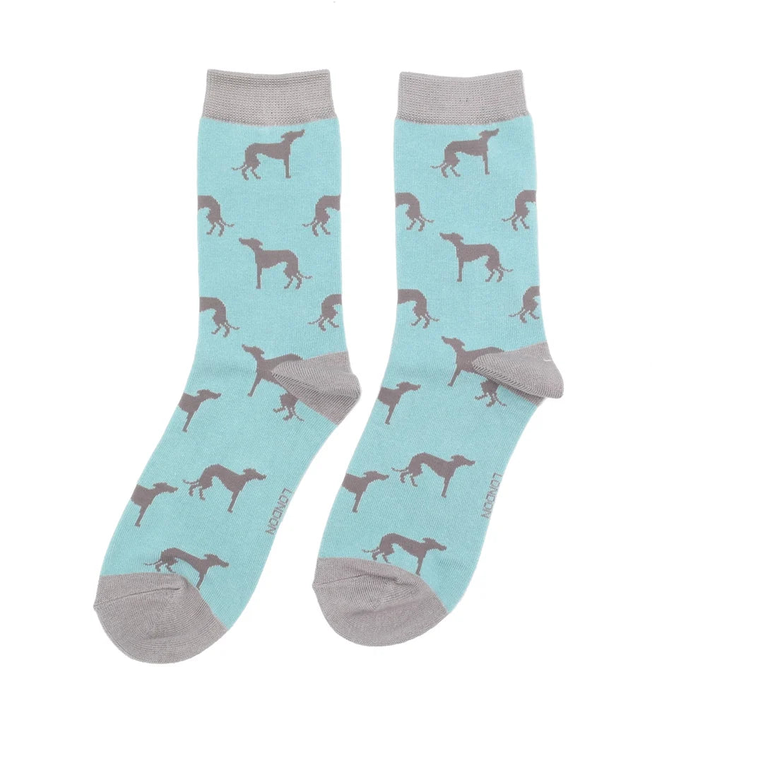 Women's Cute Greyhound Socks - Duck Egg - Oxford Blue