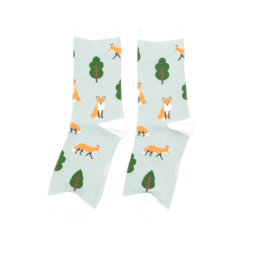 Women's Fox in the Woods Socks - Duck Egg - Oxford Blue