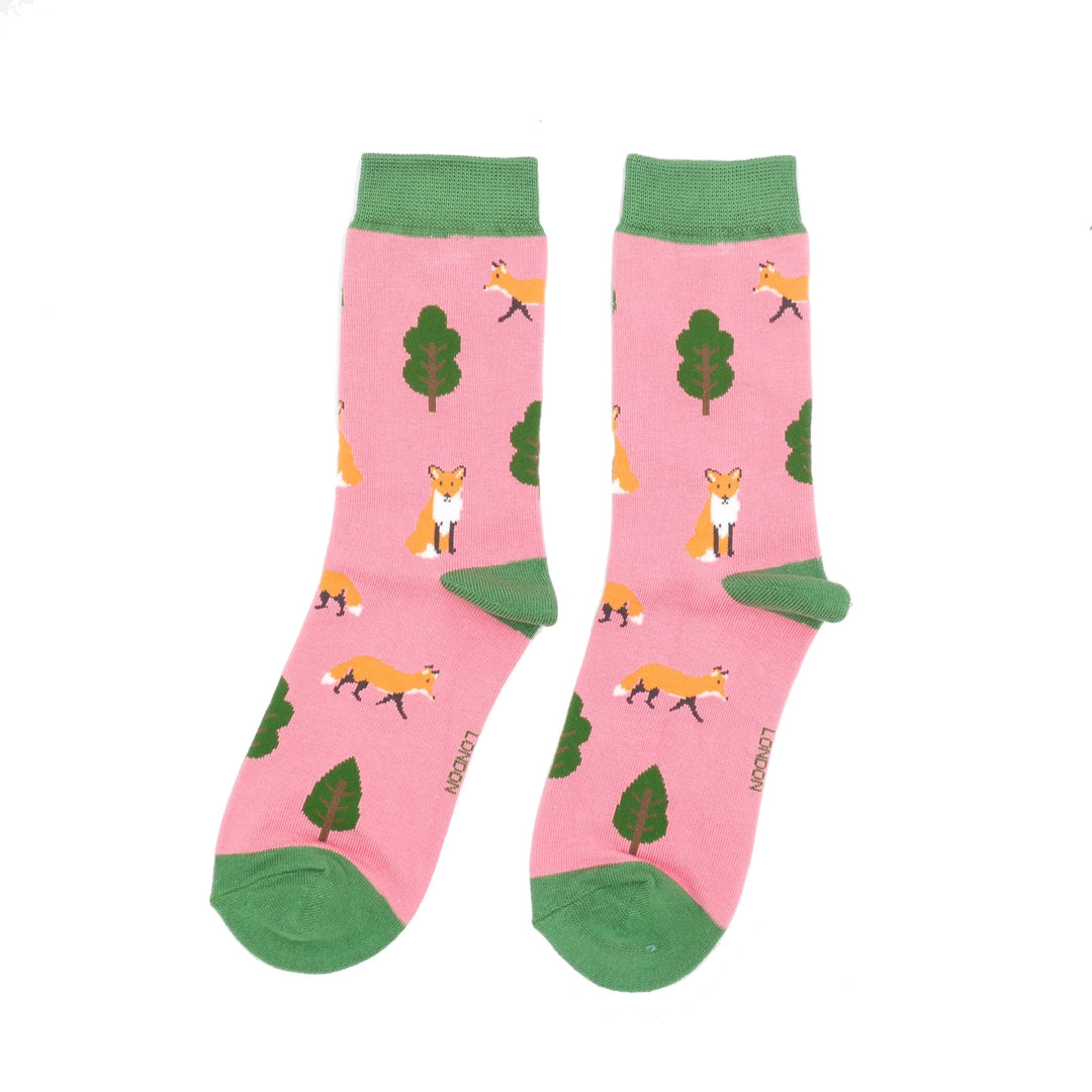 Women's Fox in the Woods Socks - Pink - Oxford Blue