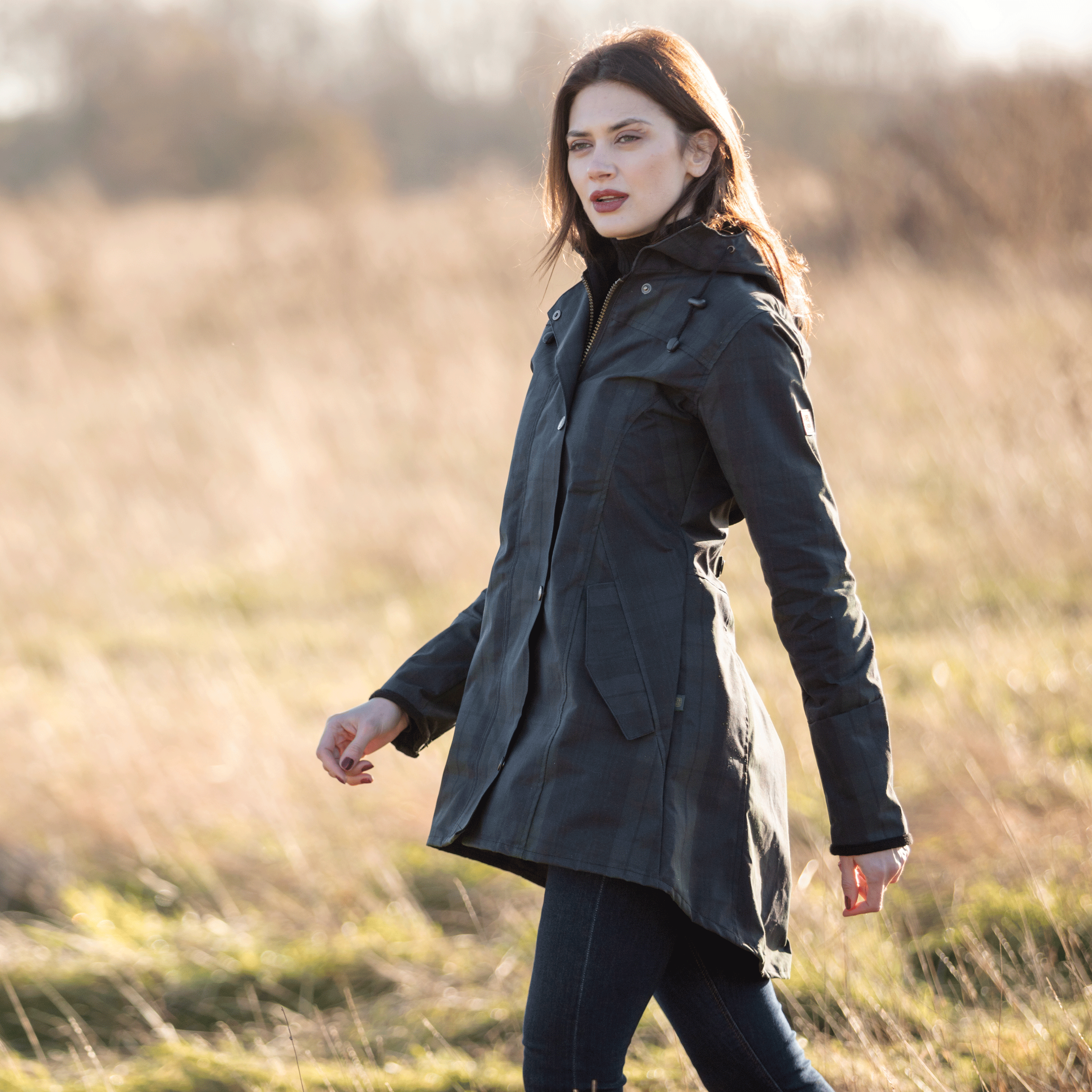 W39 - Ladies Hooded Tartan Washwax Katrina - BLACKWATCH - Oxford Blue