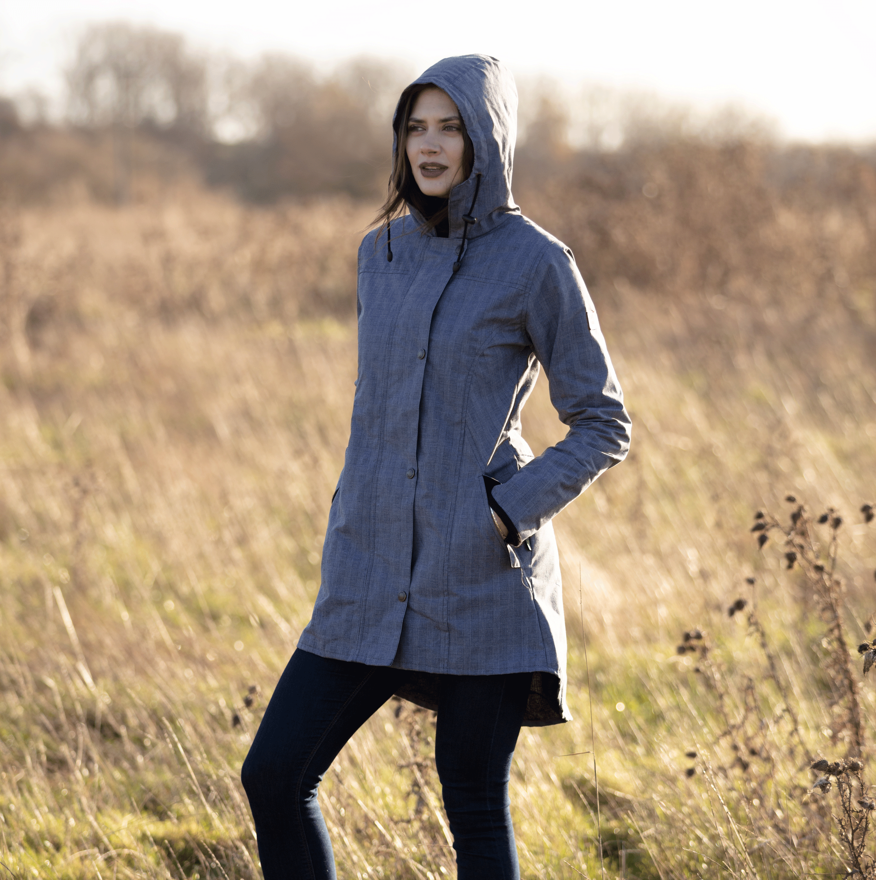 W39 - Ladies Hooded Tartan Washwax Katrina - PRINCE OF WALES - Oxford Blue