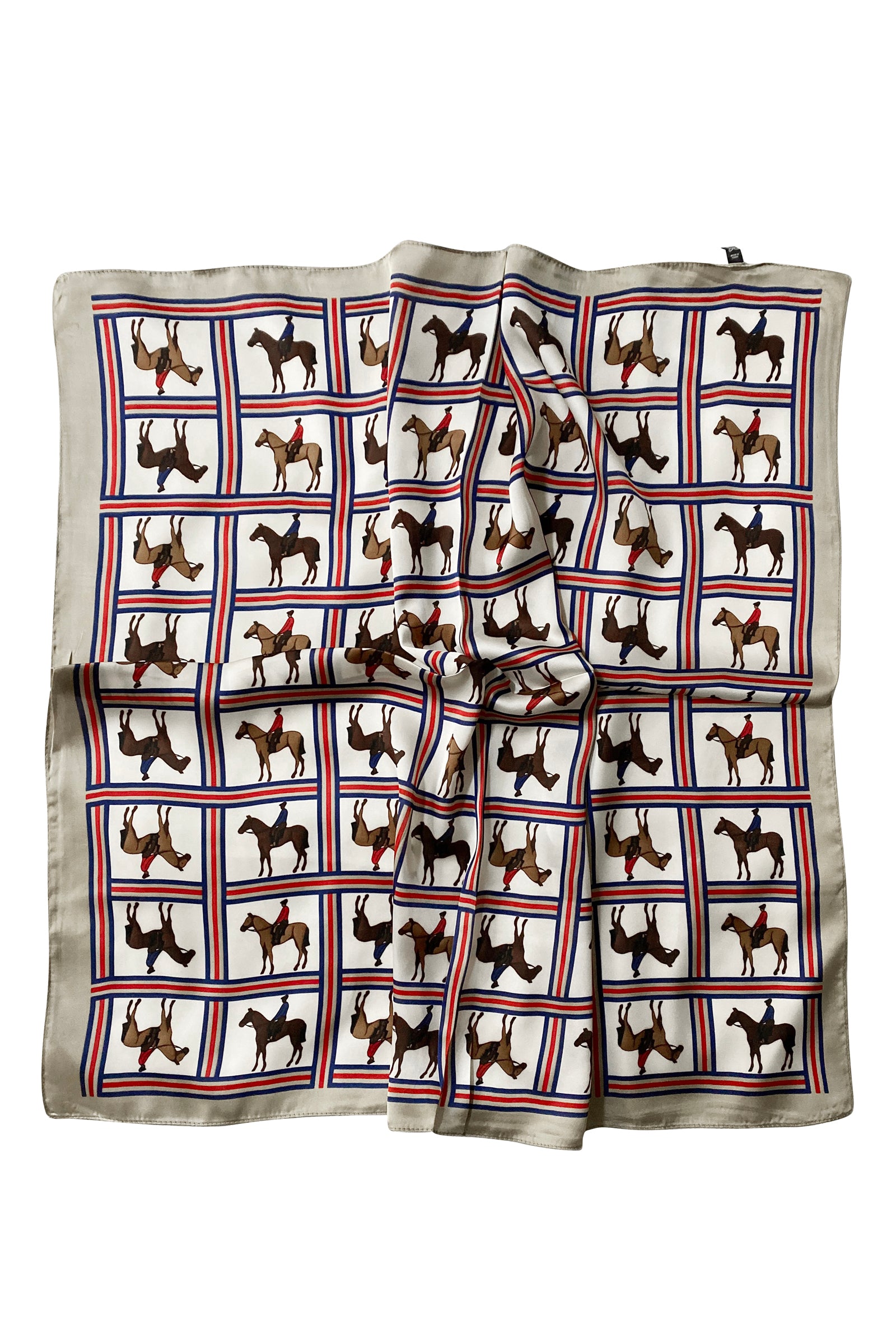 Horse Riding Print Square Scarf - Beige - Oxford Blue